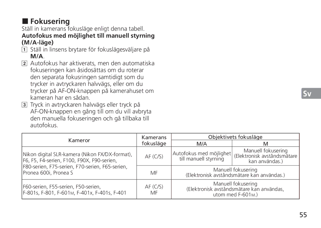 Nikon 2193 manual „ Fokusering, Ställ in kamerans fokusläge enligt denna tabell 