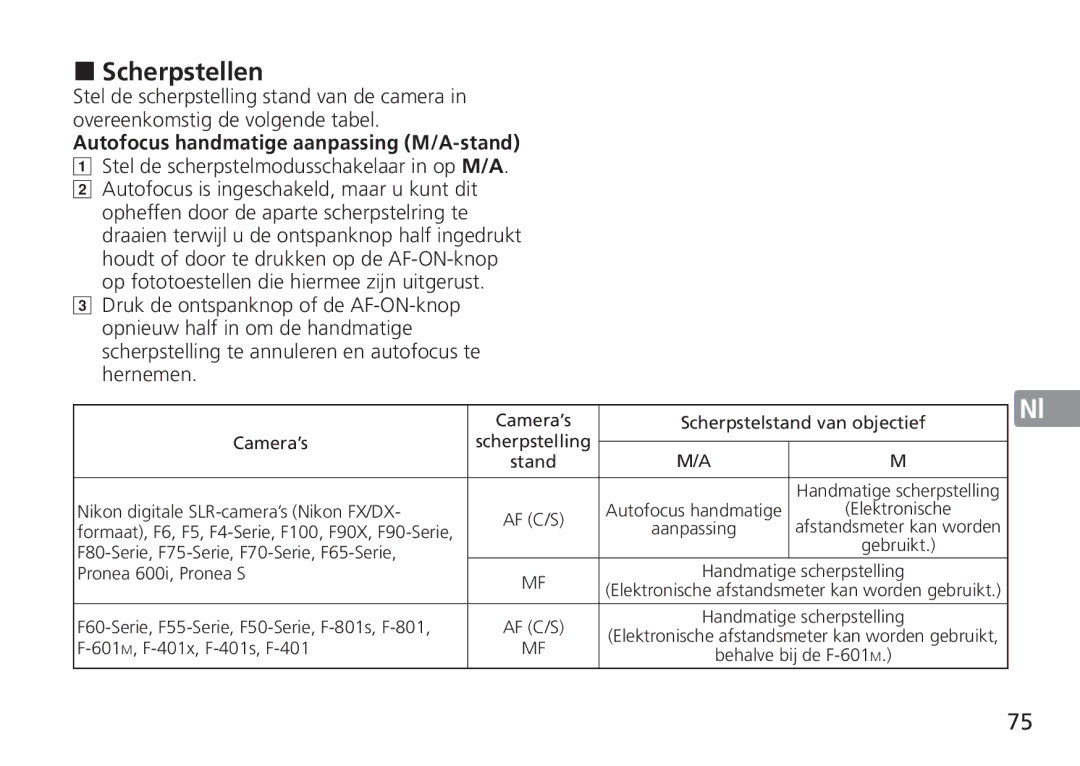 Nikon 2193 manual „ Scherpstellen, Autofocus handmatige aanpassing M/A-stand, Stel de scherpstelmodusschakelaar in op M/A 