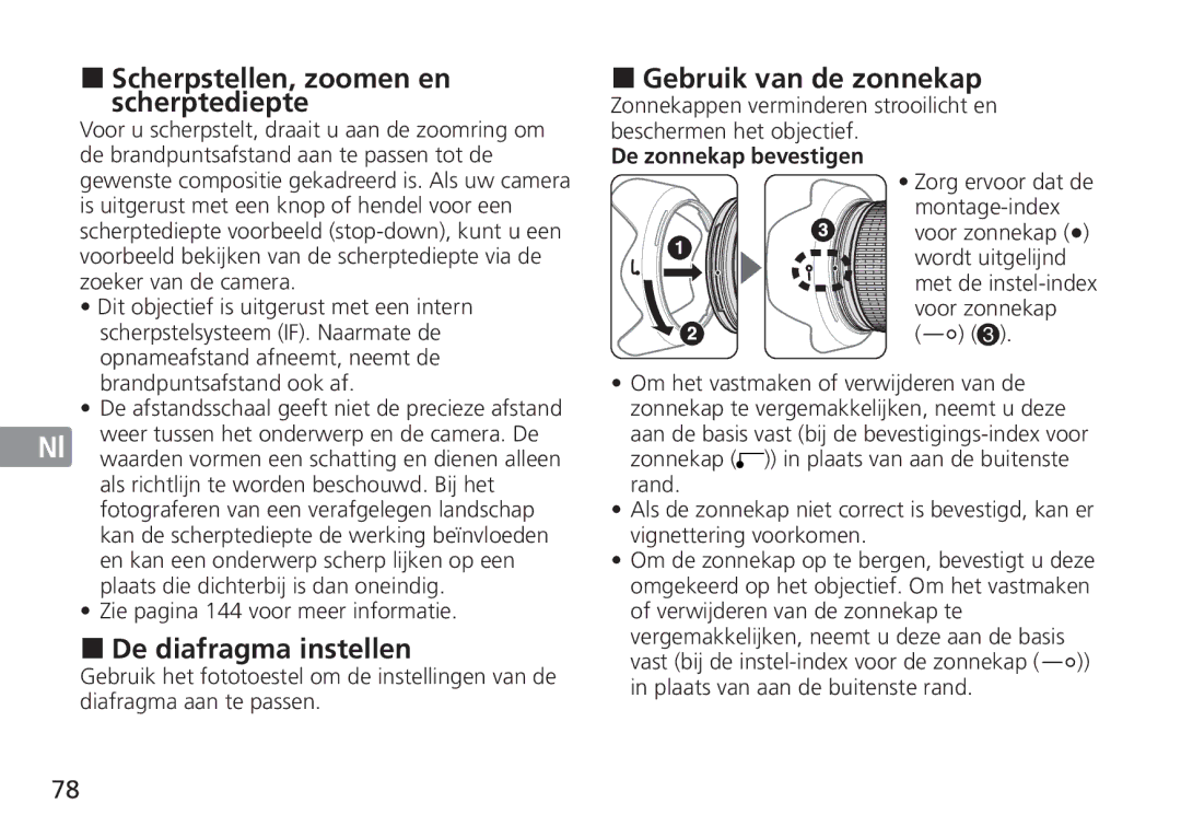 Nikon 2193 manual „ Scherpstellen, zoomen en scherptediepte, „ De diafragma instellen, „ Gebruik van de zonnekap 