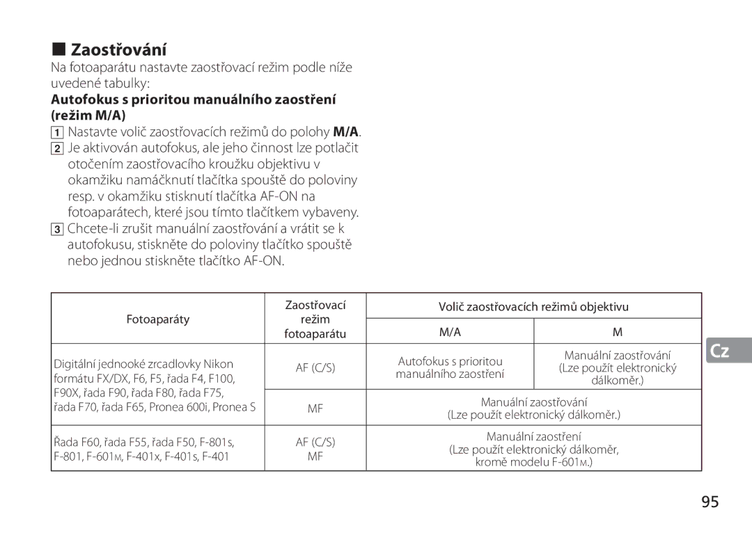 Nikon 2193 manual „ Zaostřování, Autofokus s prioritou manuálního zaostření režim M/A, Digitální jednooké zrcadlovky Nikon 