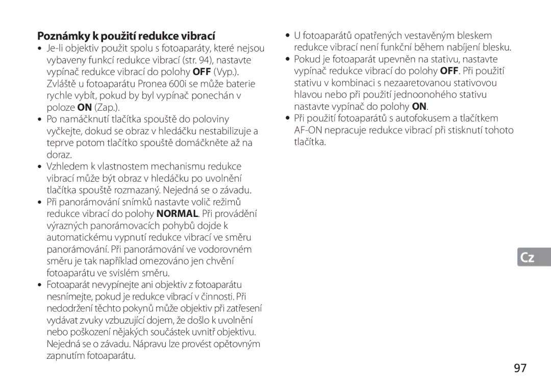 Nikon 2193 manual Poznámky k použití redukce vibrací 