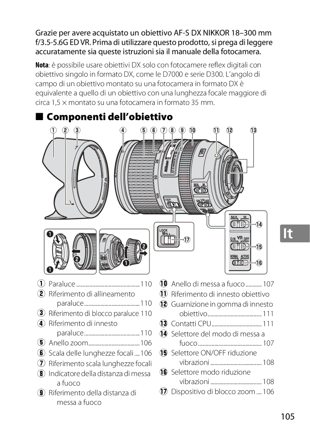 Nikon 2196 user manual Componenti dell’obiettivo, 105, Riferimento di allineamento, Fuoco, 6Selettore modo riduzione 