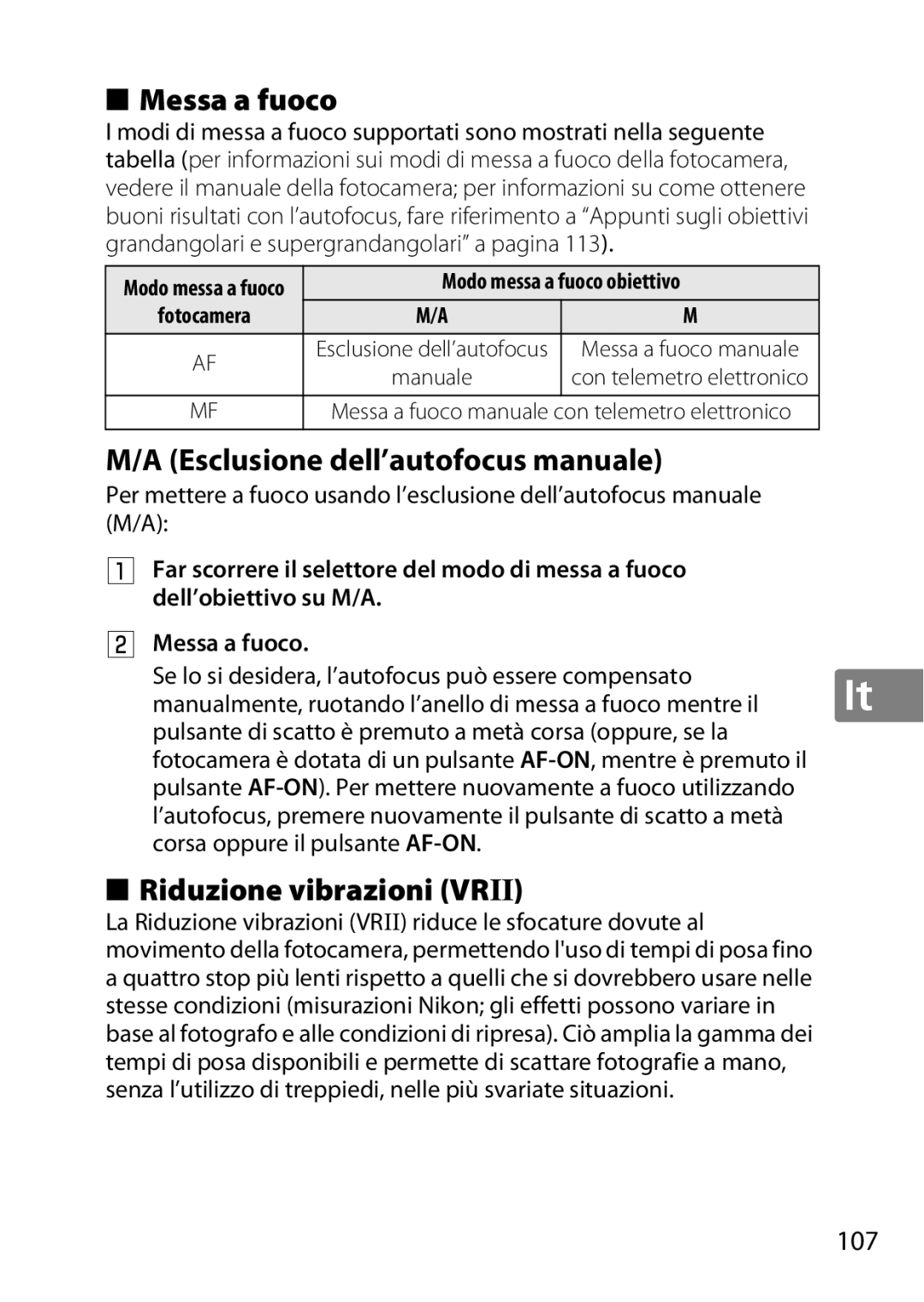 Nikon 2196 user manual Messa a fuoco, Esclusione dell’autofocus manuale, Riduzione vibrazioni Vrii, 107 