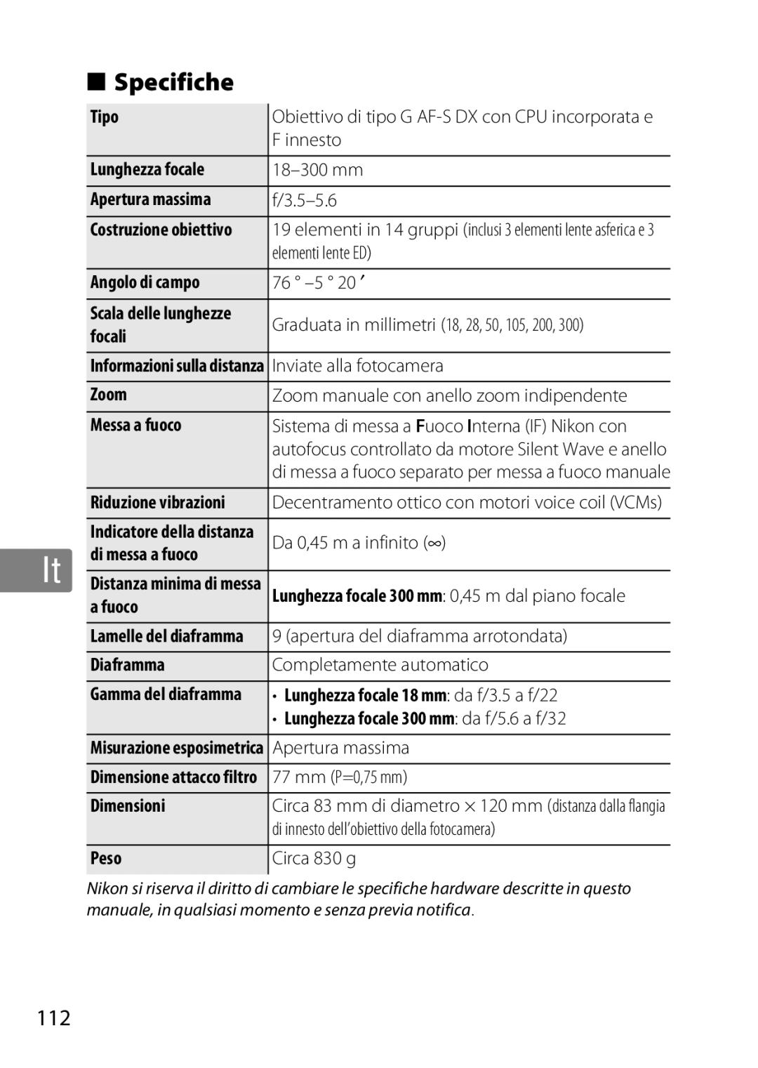 Nikon 2196 user manual Specifiche, 112 