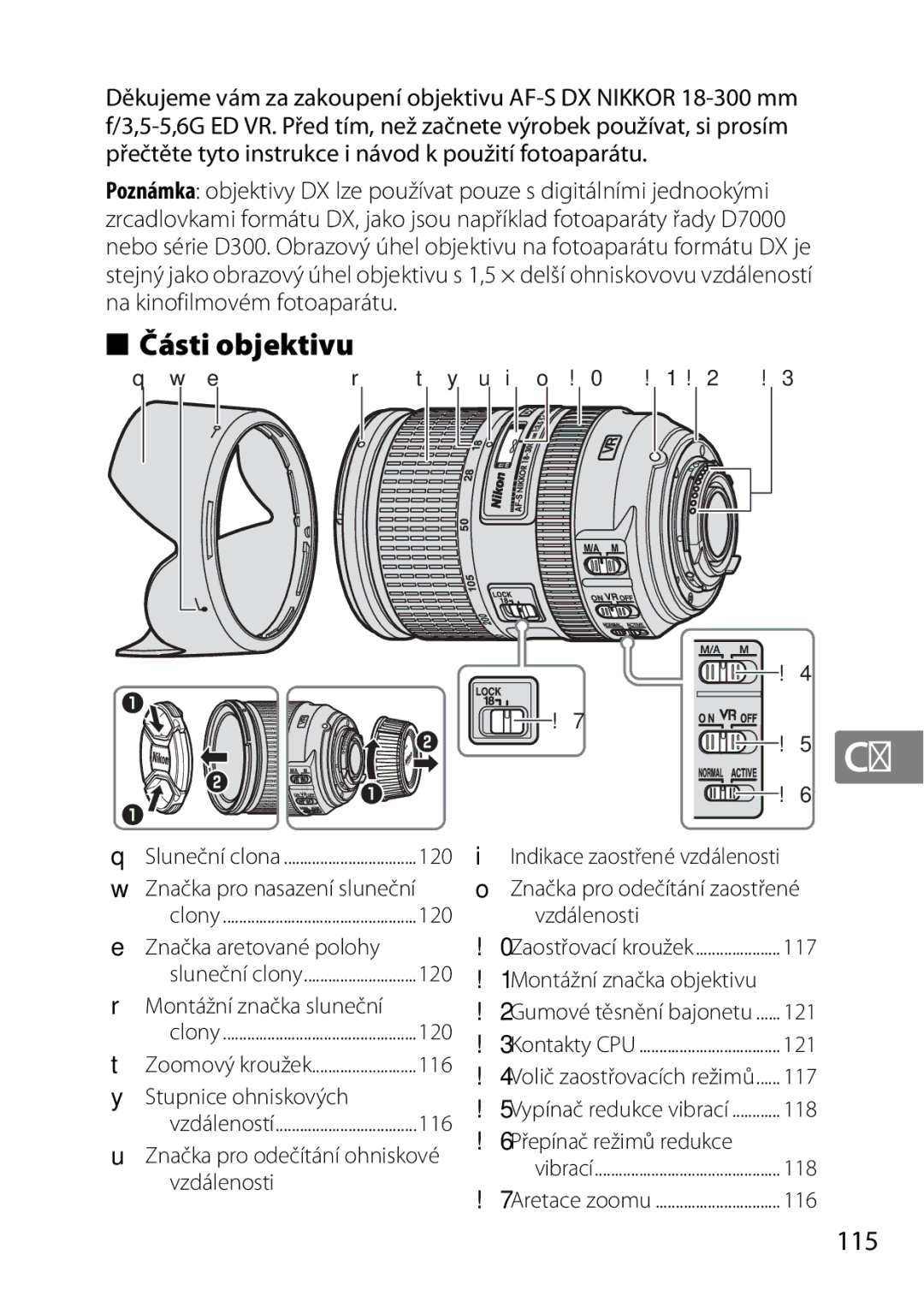 Nikon 2196 user manual Části objektivu, 115 