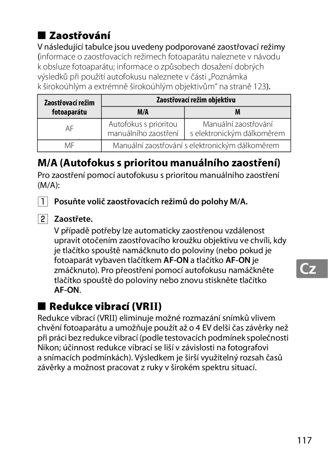 Nikon 2196 user manual Zaostřování, Autofokus s prioritou manuálního zaostření, Redukce vibrací Vrii, 117 