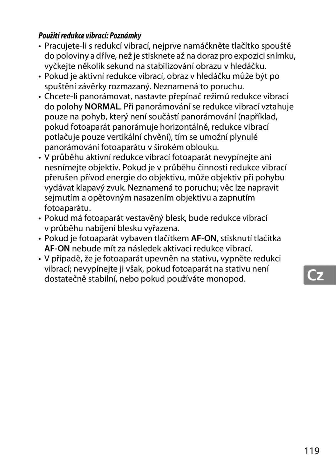 Nikon 2196 user manual 119, Použití redukce vibrací Poznámky 