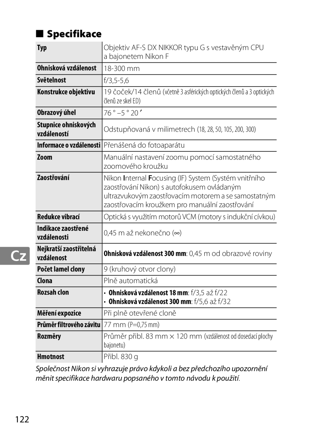 Nikon 2196 user manual Specifikace, 122 