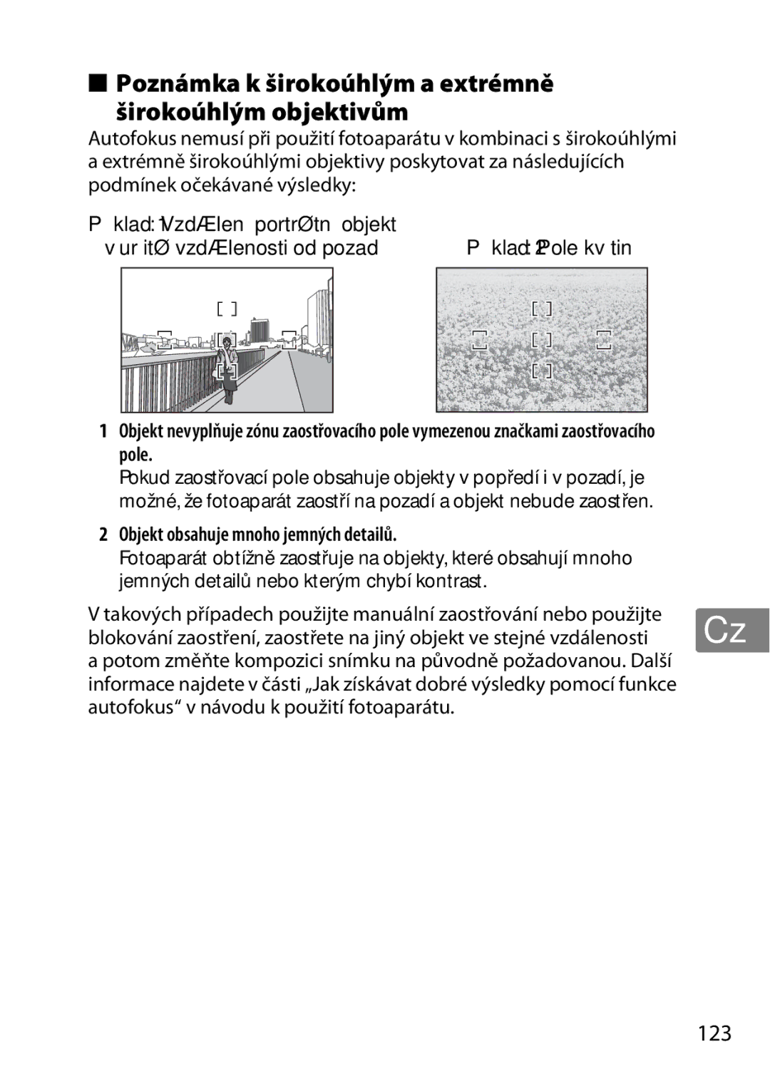 Nikon 2196 user manual Poznámka k širokoúhlým a extrémně Širokoúhlým objektivům, 123, Objekt obsahuje mnoho jemných detailů 