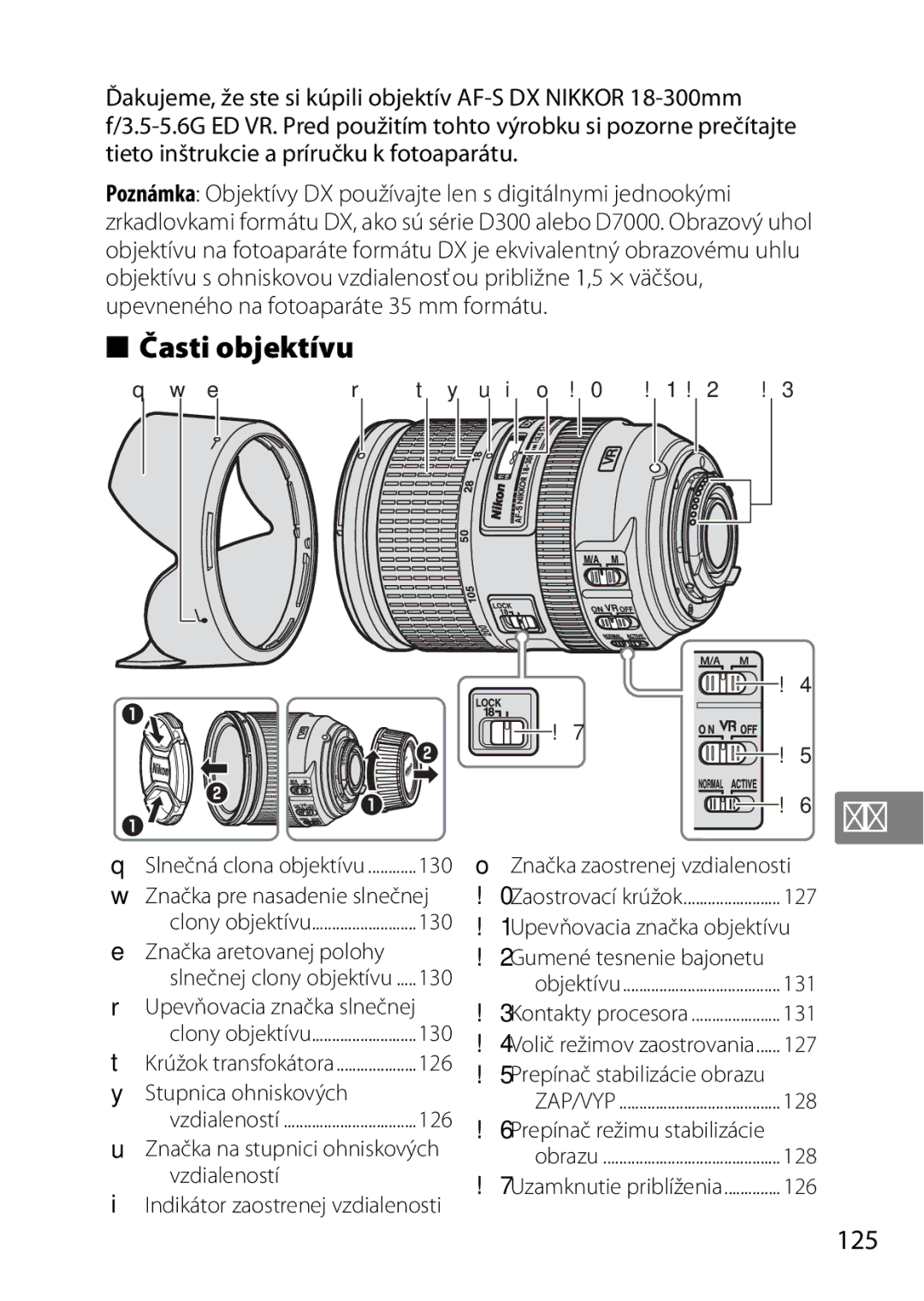 Nikon 2196 user manual Časti objektívu, 125, Stupnica ohniskových, Značka na stupnici ohniskových vzdialeností 