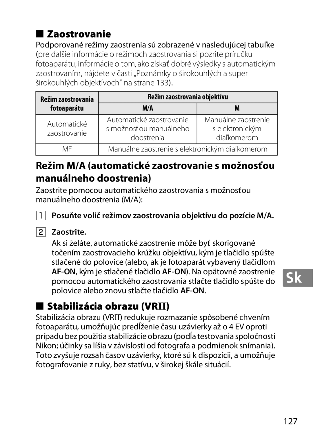 Nikon 2196 user manual Zaostrovanie, Stabilizácia obrazu Vrii, 127, Zaostrite 