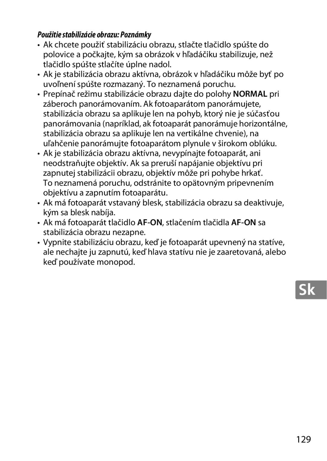 Nikon 2196 user manual 129, Použitie stabilizácie obrazu Poznámky 