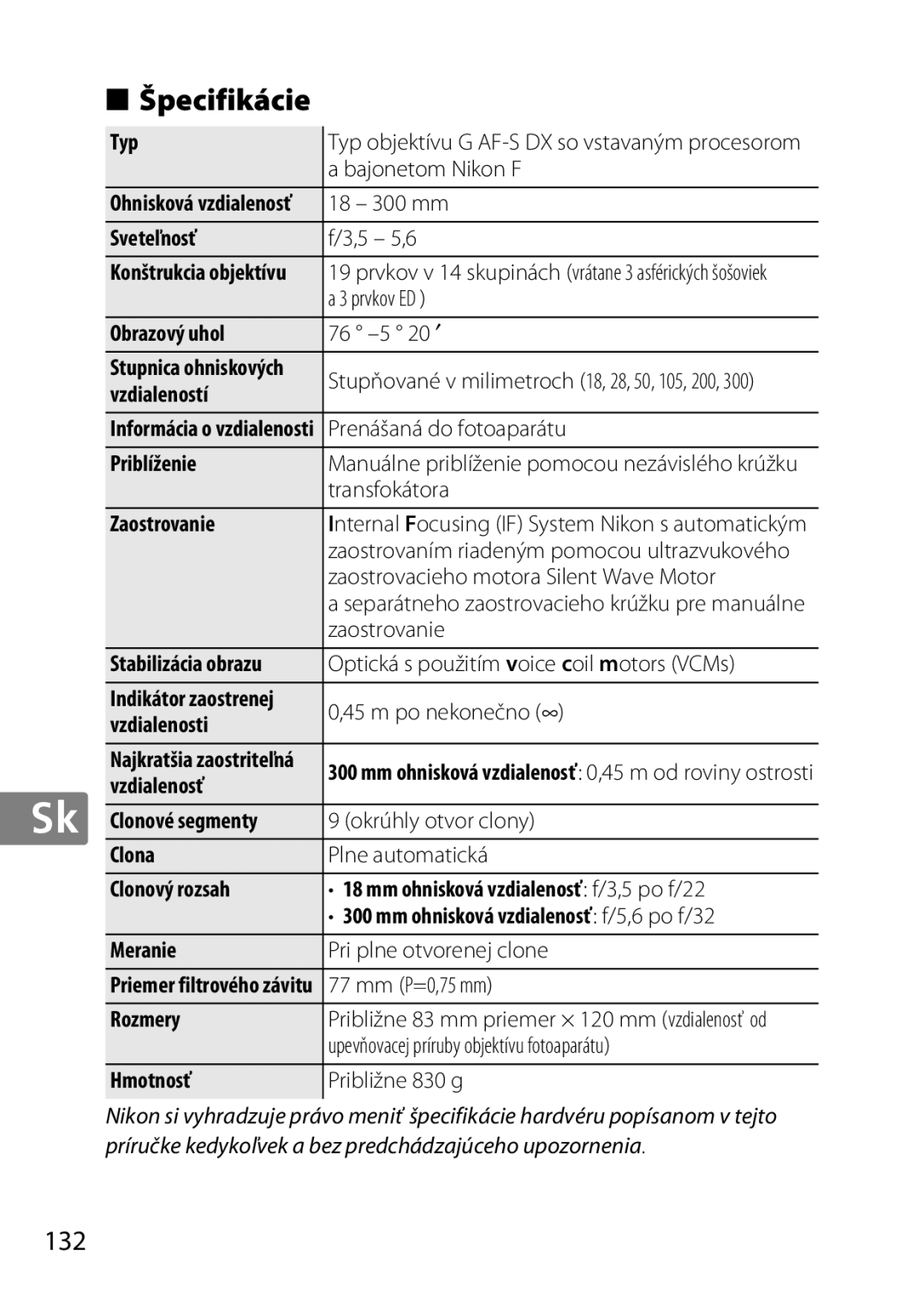 Nikon 2196 user manual Špecifikácie, 132 