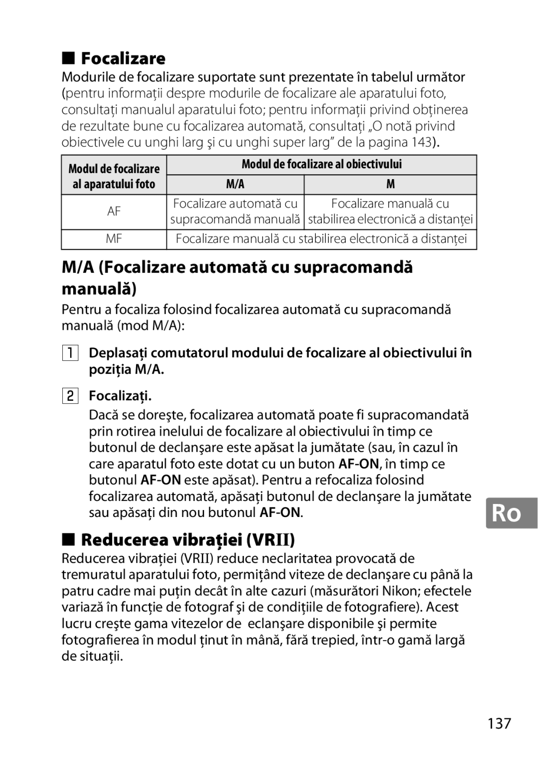 Nikon 2196 user manual Focalizare automată cu supracomandă manuală, Reducerea vibraţiei Vrii, 137 