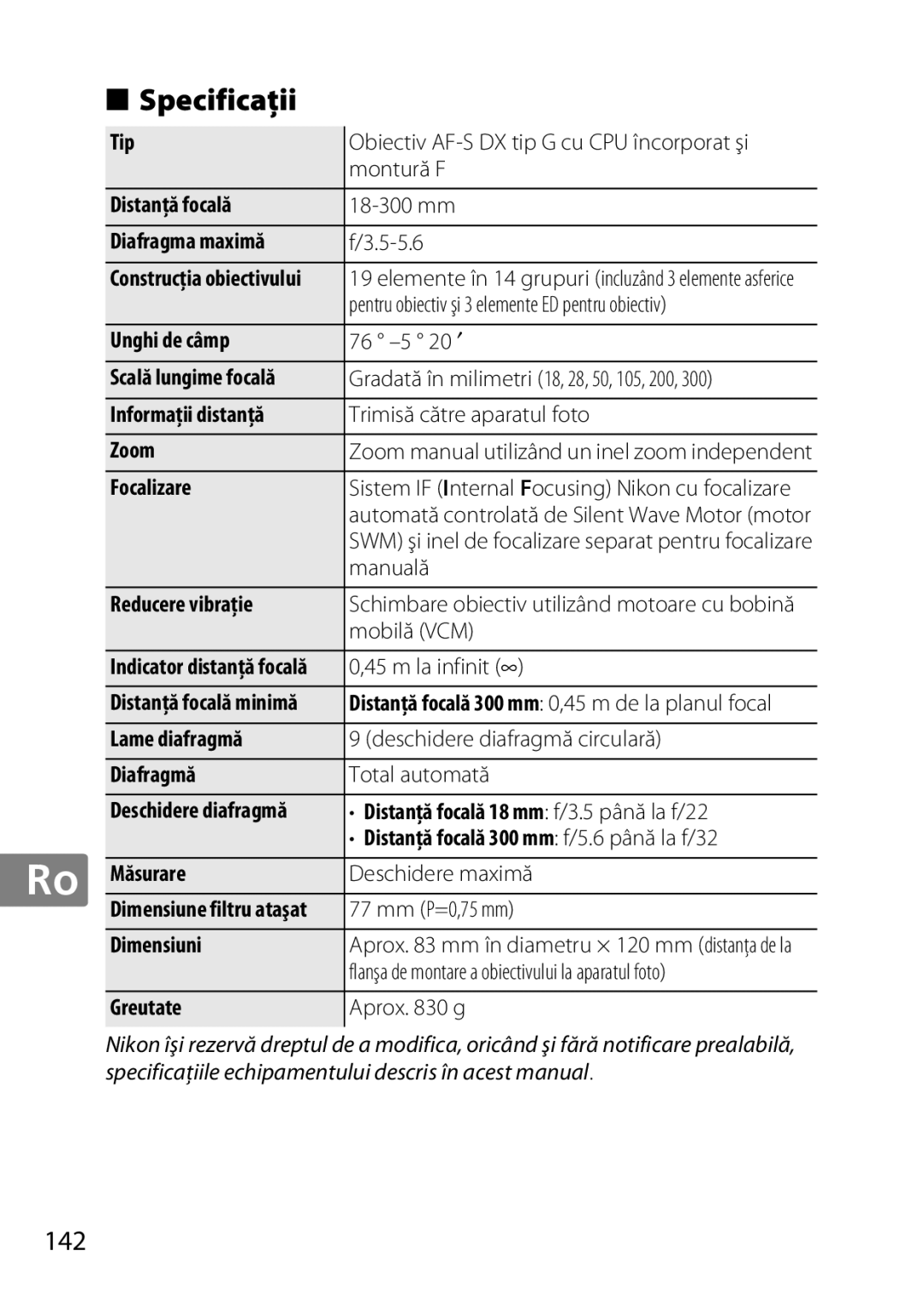 Nikon 2196 user manual Specificaţii, 142 