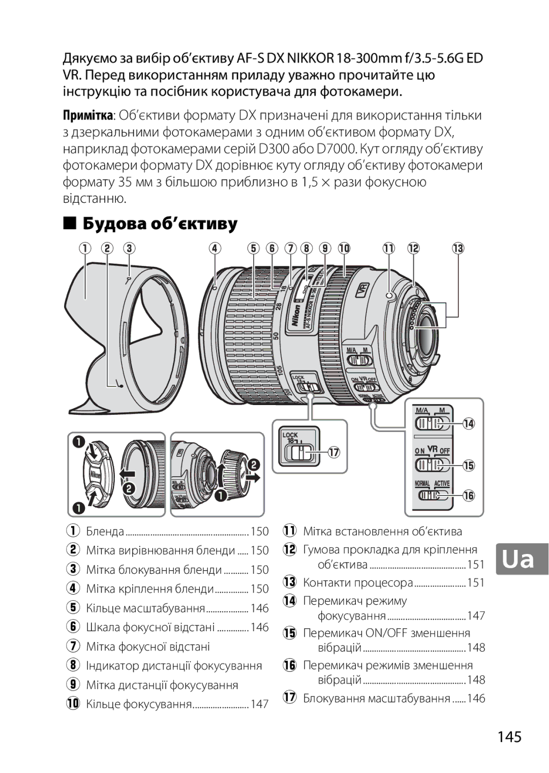 Nikon 2196 user manual Будова об’єктиву, 145 