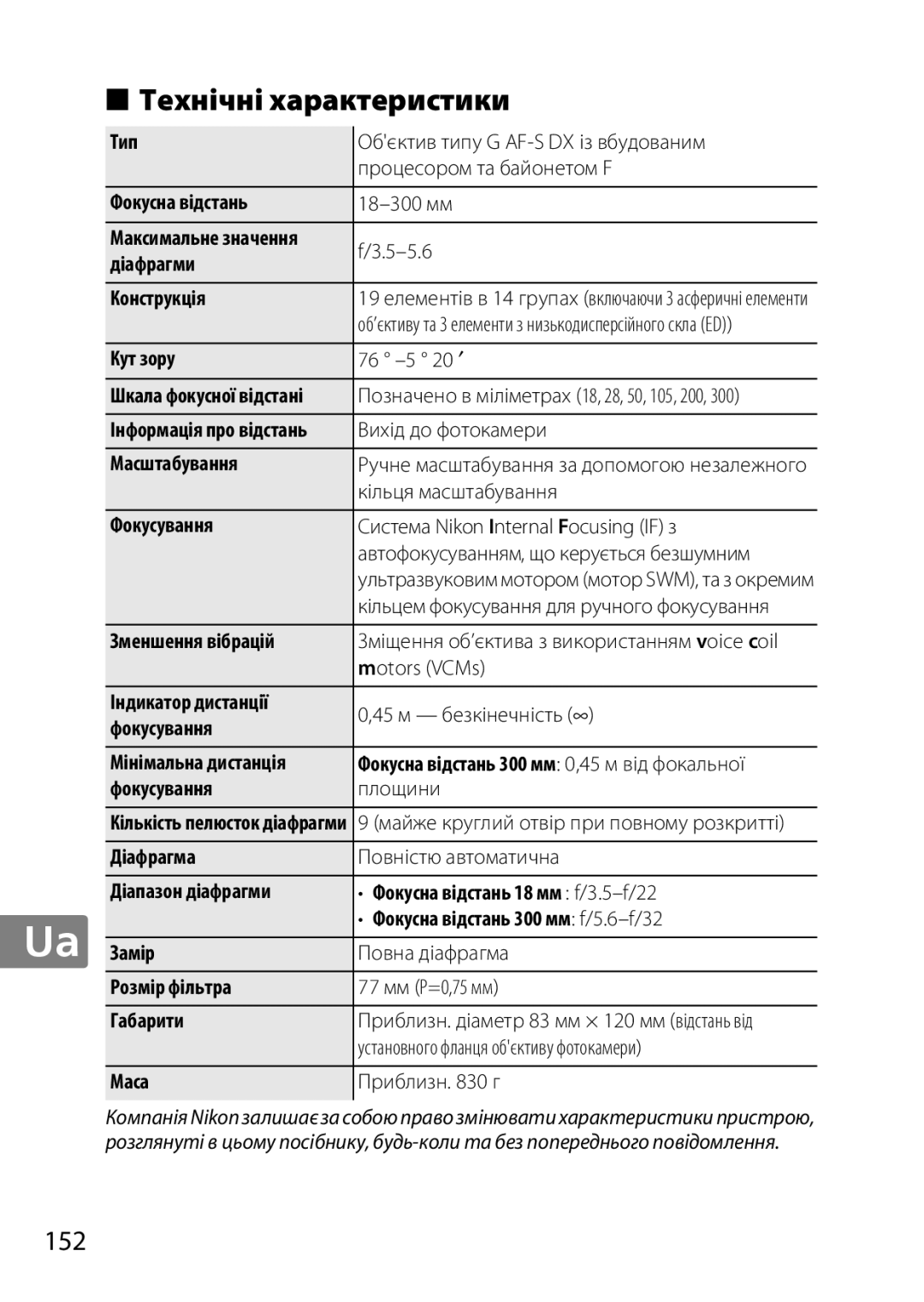 Nikon 2196 user manual Технічні характеристики, 152 