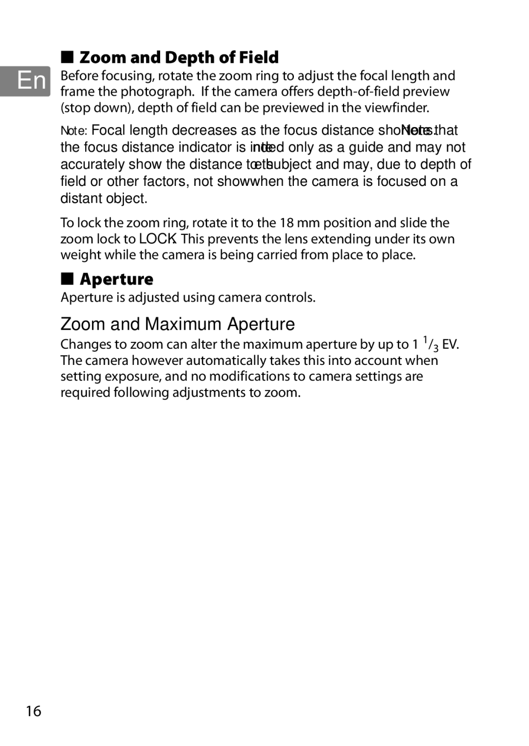 Nikon 2196 user manual Zoom and Depth of Field, Zoom and Maximum Aperture, Aperture is adjusted using camera controls 