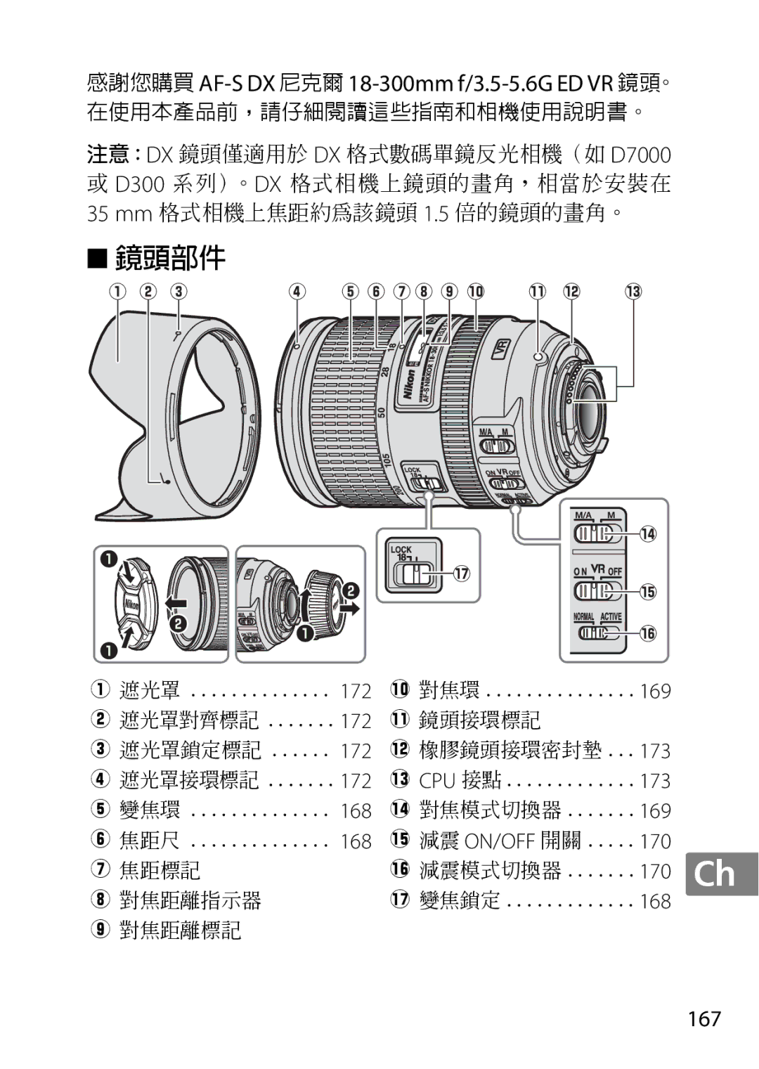 Nikon 2196 user manual 感謝您購買AF-S DX 尼克爾18-300mm f/3.5-5.6G ED VR 鏡頭。, 169, 173, 170, 168, 167 