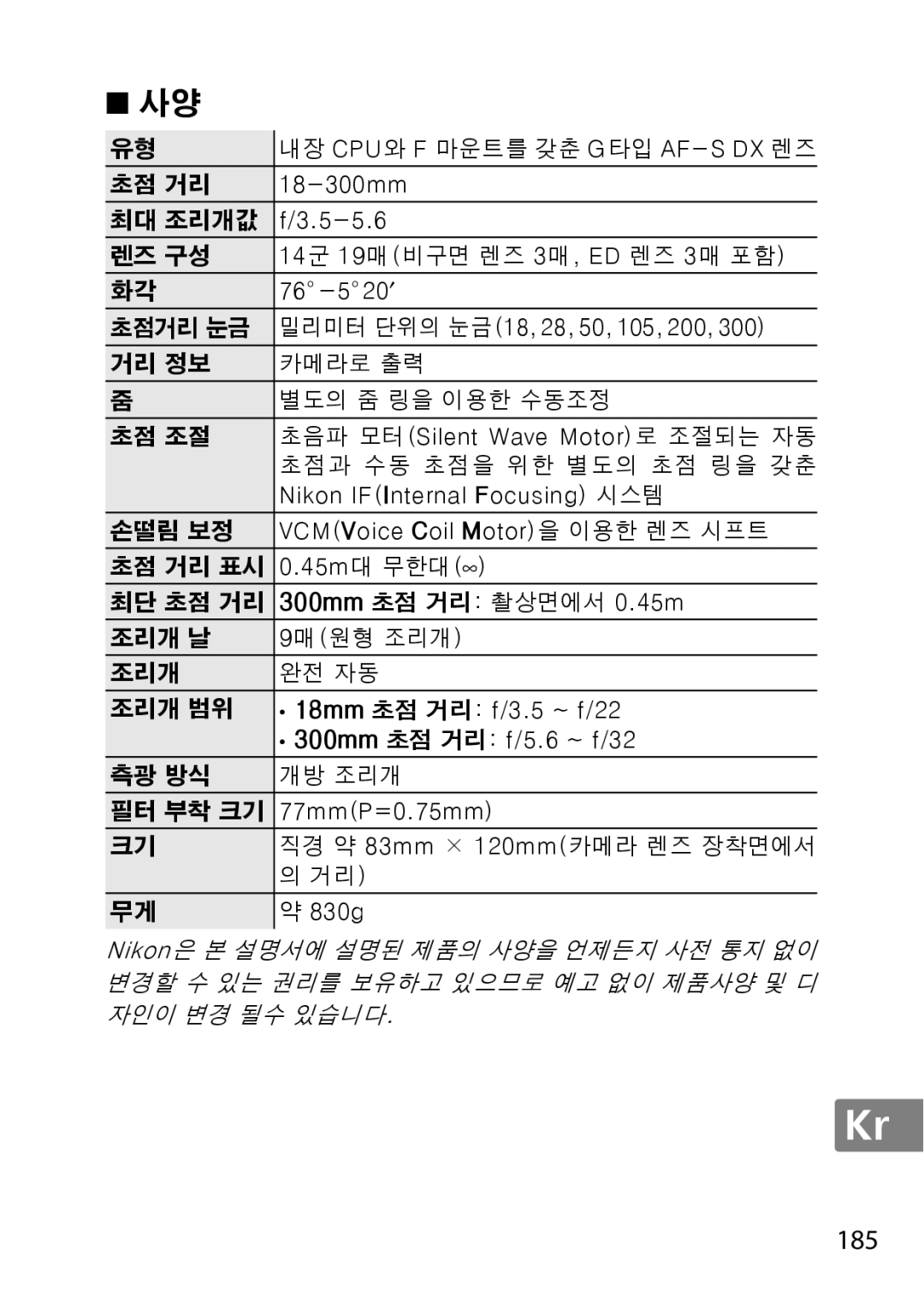 Nikon 2196 user manual 185, 내장 Cpu와 F 마운트를 갖춘 G타입 Af-S Dx 렌즈 