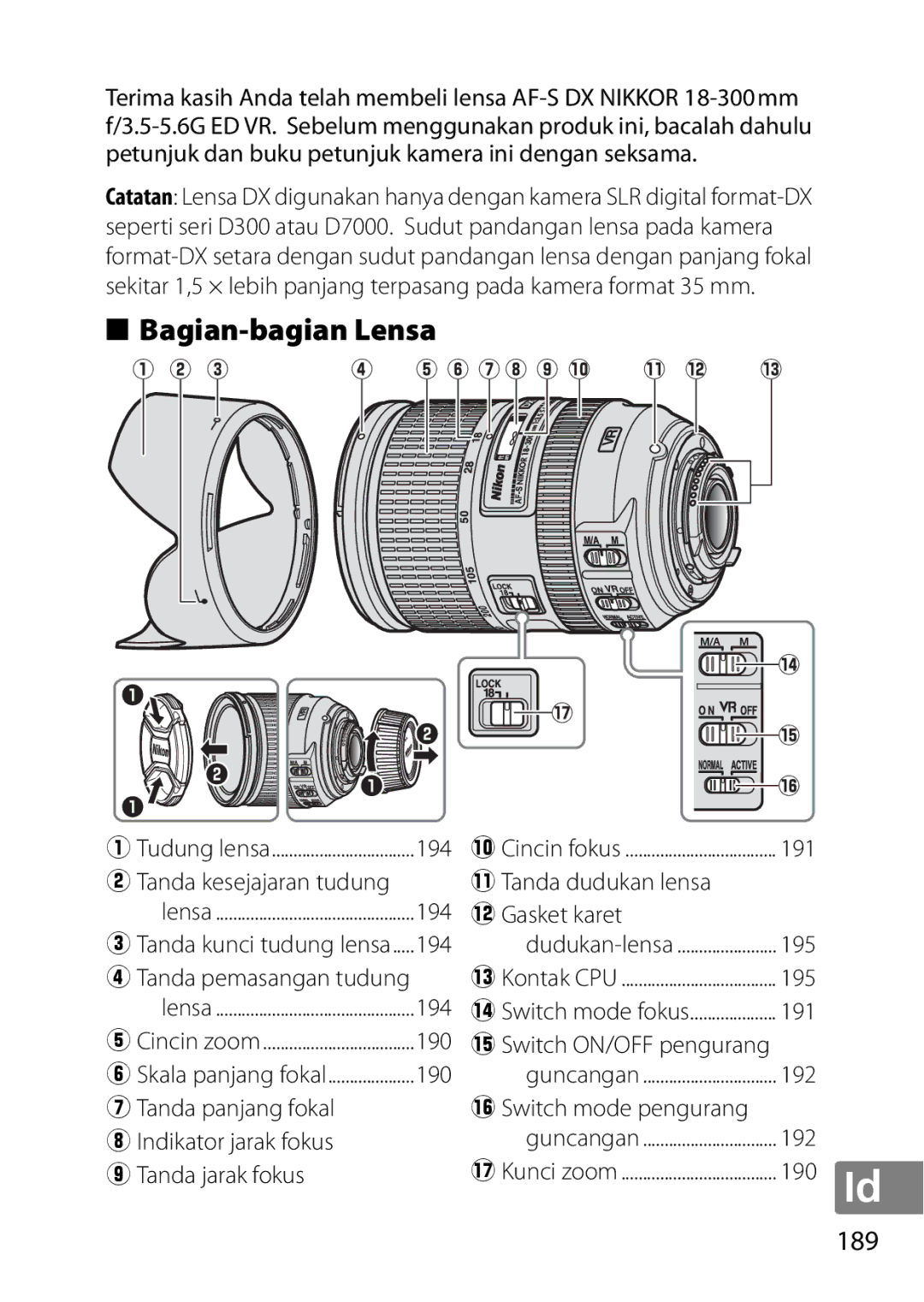 Nikon 2196 user manual Bagian-bagian Lensa, 189 