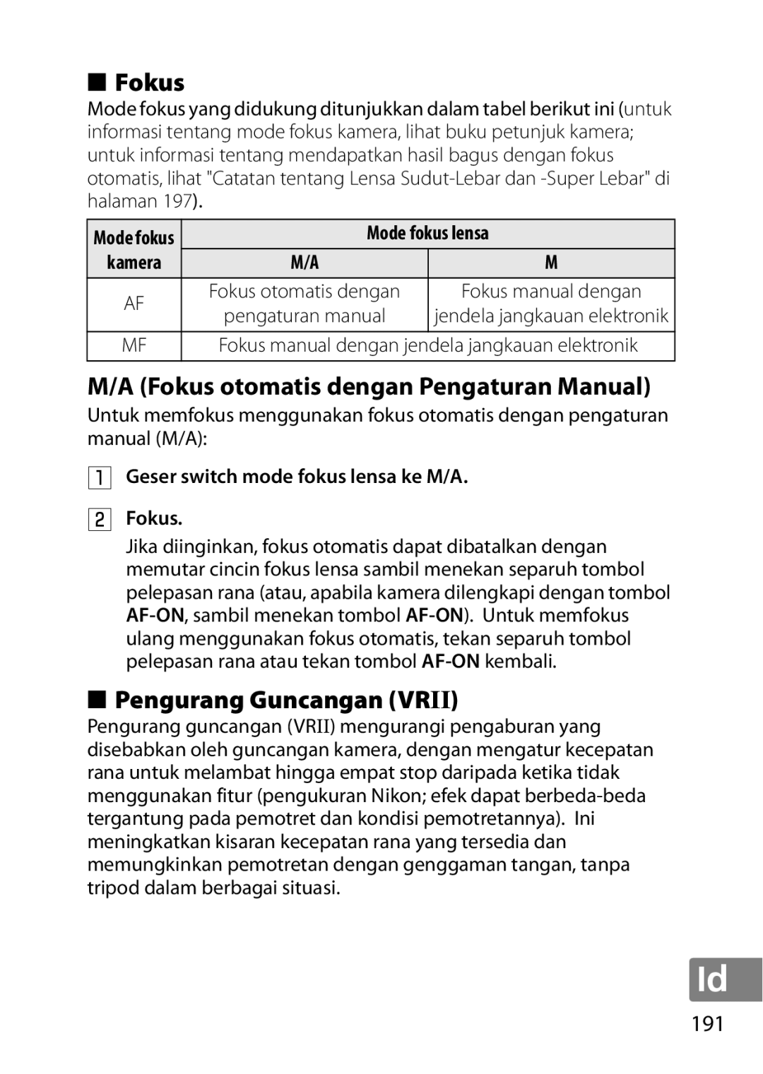 Nikon 2196 user manual Fokus otomatis dengan Pengaturan Manual, Pengurang Guncangan Vrii, 191 