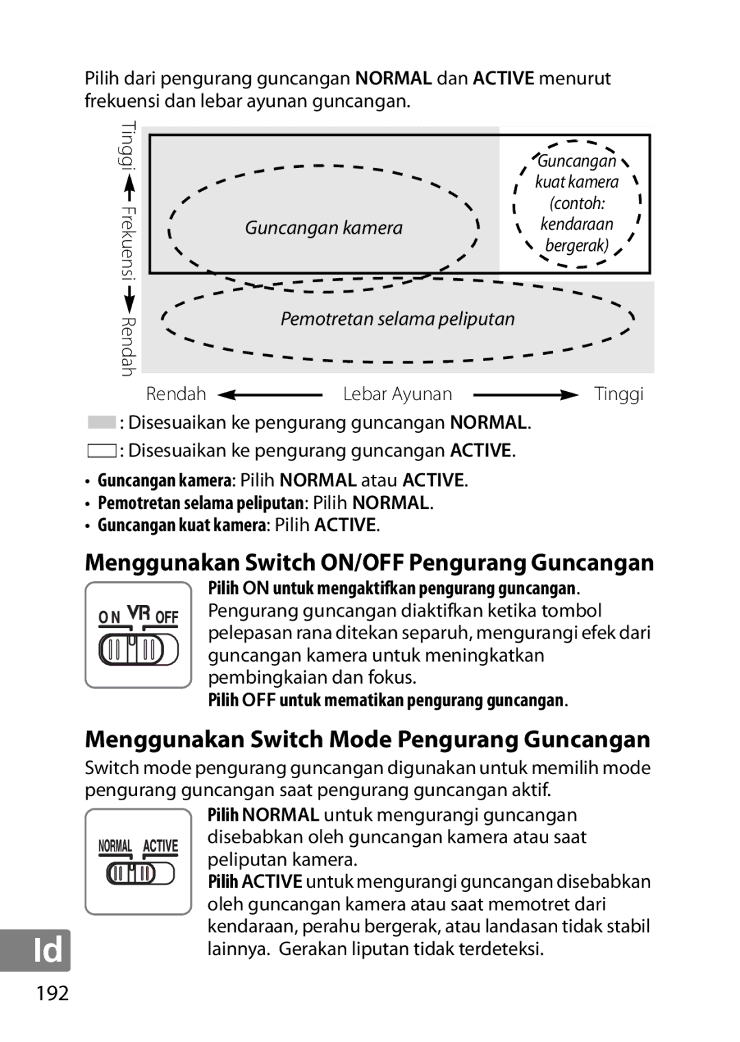 Nikon 2196 user manual Menggunakan Switch ON/OFF Pengurang Guncangan, Menggunakan Switch Mode Pengurang Guncangan, 192 