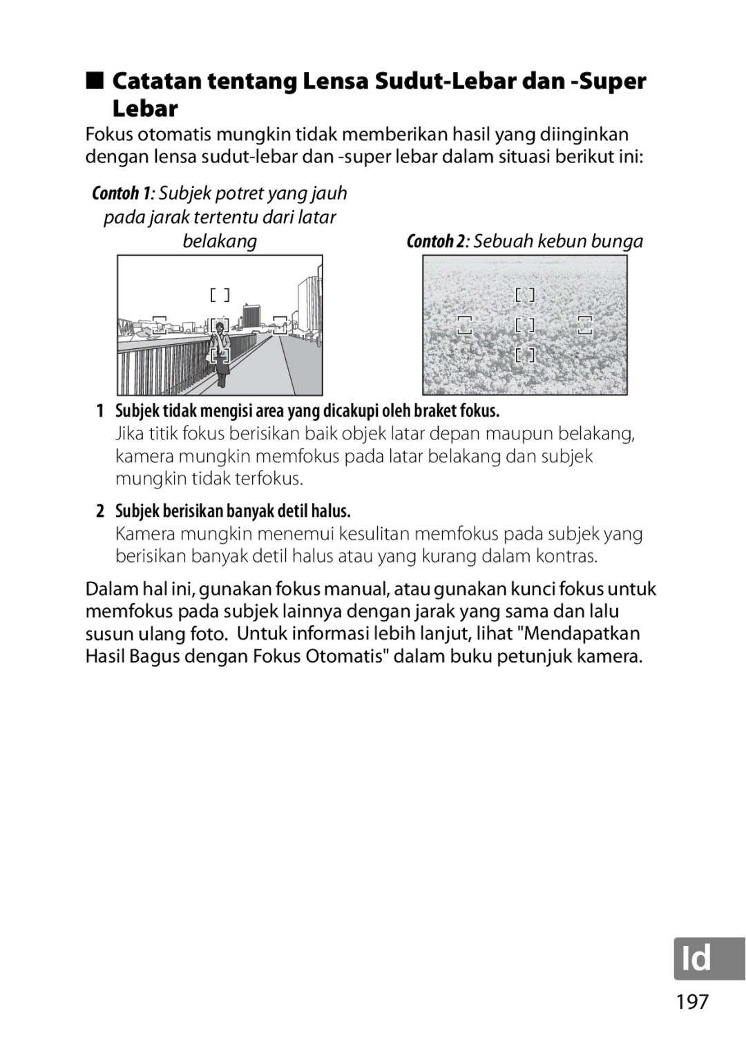 Nikon 2196 user manual Catatan tentang Lensa Sudut-Lebar dan -Super, 197, Belakang, Subjek berisikan banyak detil halus 