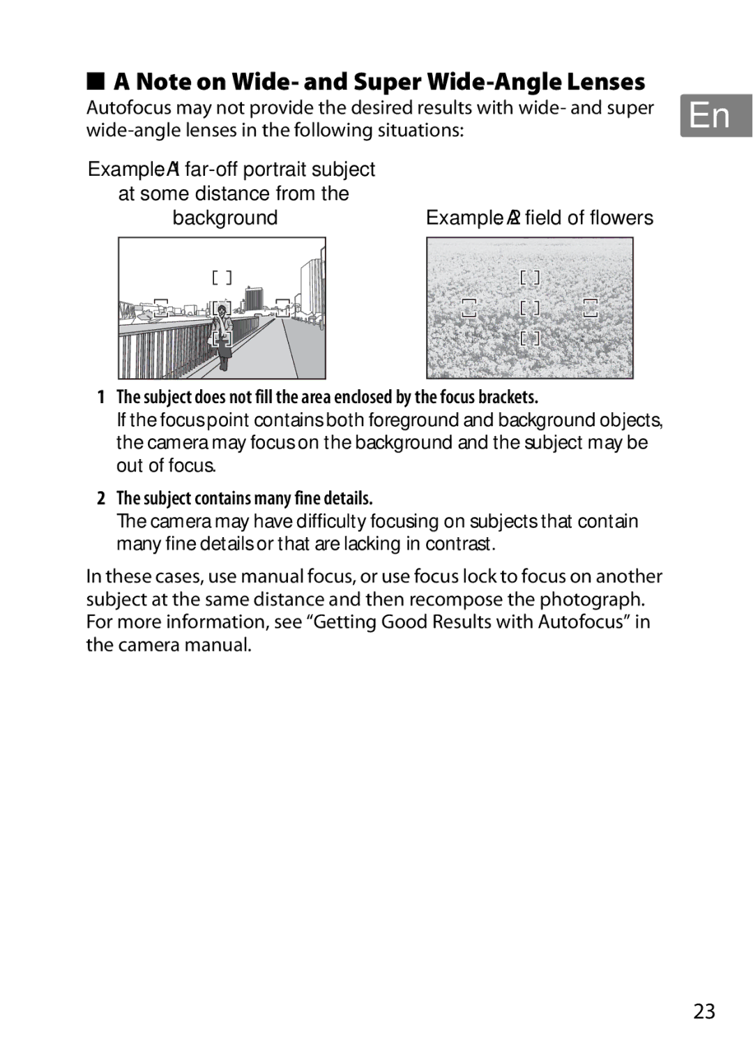 Nikon 2196 user manual Wide-angle lenses in the following situations, Background, Subject contains many fine details 