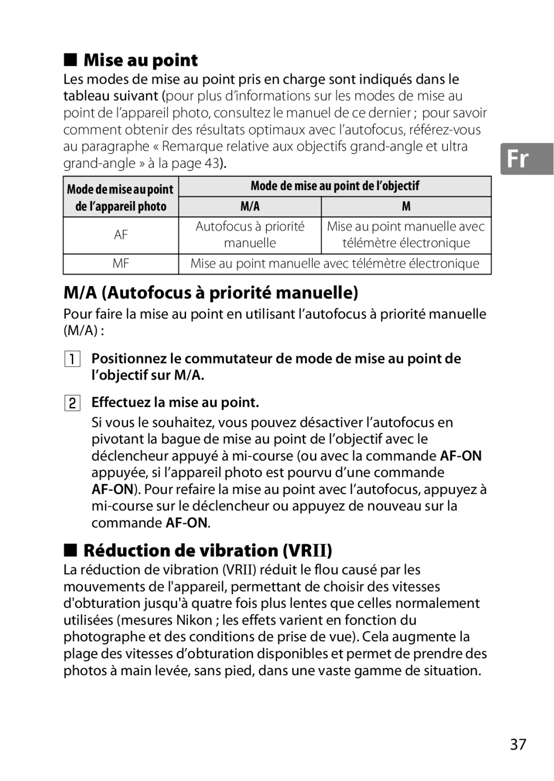 Nikon 2196 user manual Mise au point, Autofocus à priorité manuelle, Réduction de vibration Vrii, Grand-angle » à la 