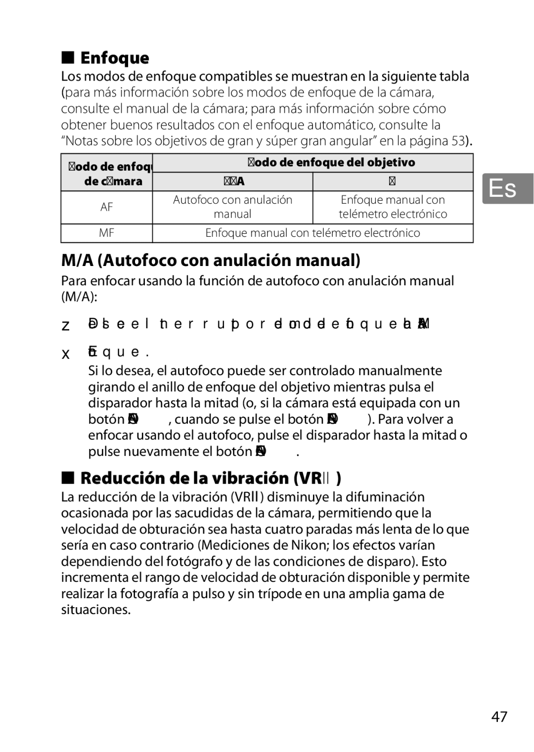 Nikon 2196 user manual Enfoque, Autofoco con anulación manual, Reducción de la vibración Vrii 