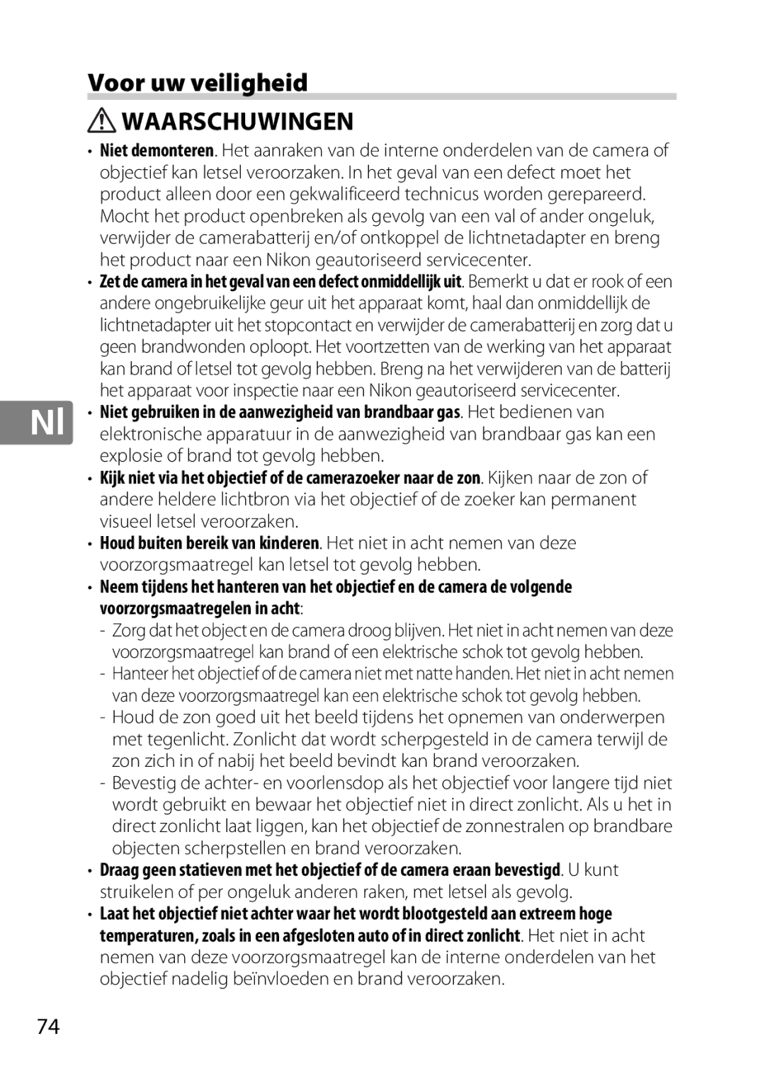 Nikon 2196 user manual Voor uw veiligheid, Waarschuwingen 