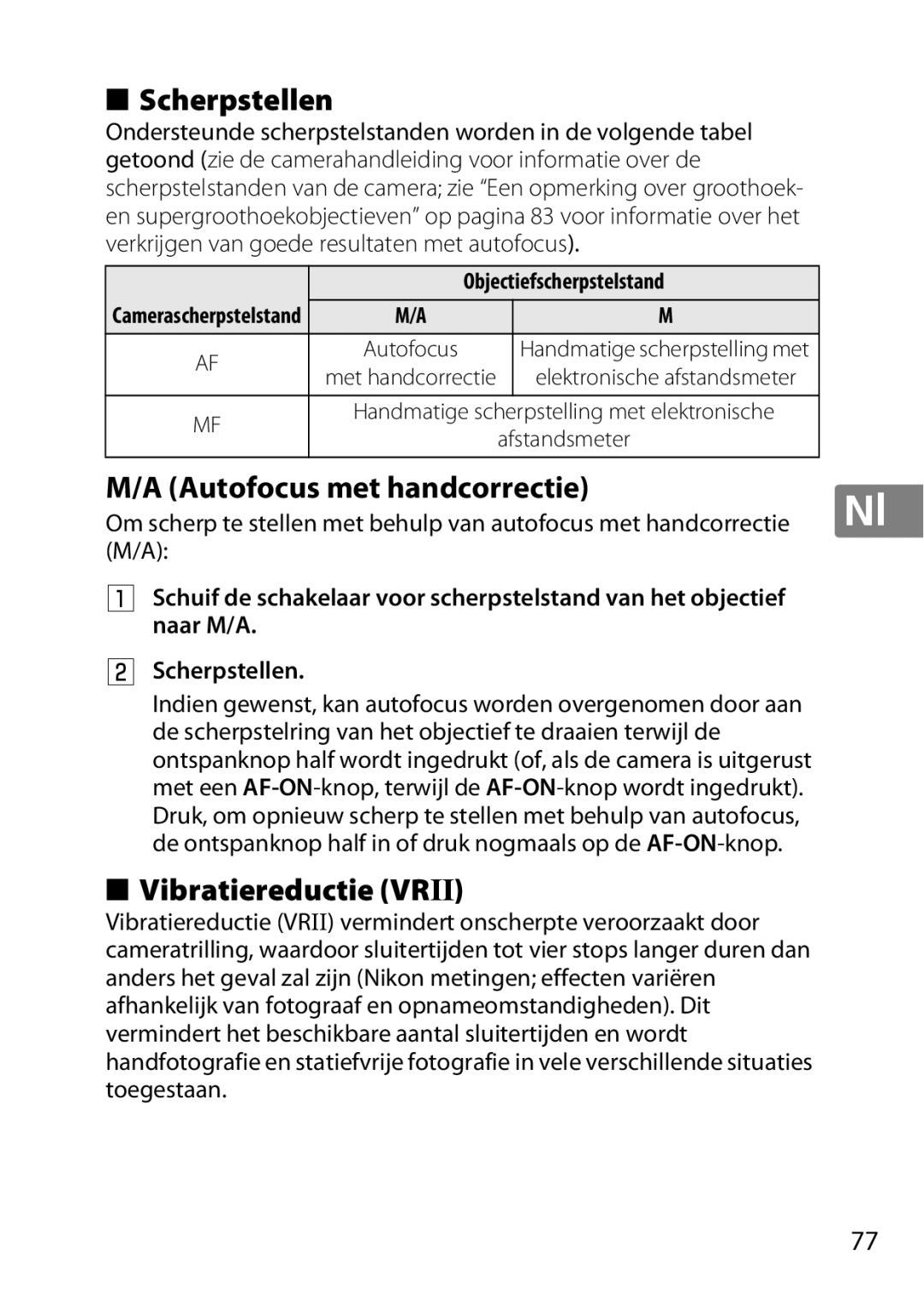 Nikon 2196 user manual Scherpstellen, Autofocus met handcorrectie, Vibratiereductie Vrii, Objectiefscherpstelstand 