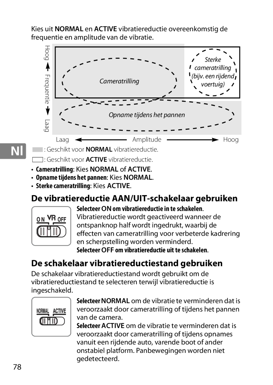 Nikon 2196 De vibratiereductie AAN/UIT-schakelaar gebruiken, De schakelaar vibratiereductiestand gebruiken, Van de camera 