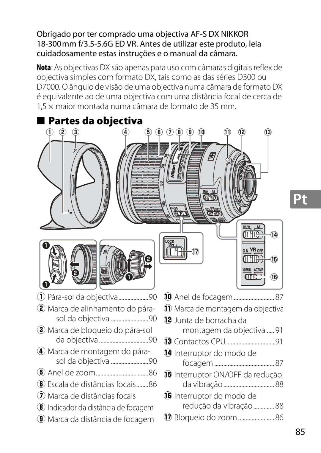 Nikon 2196 user manual Partes da objectiva, Obrigado por ter comprado uma objectiva AF-S DX Nikkor, 6Interruptor do modo de 