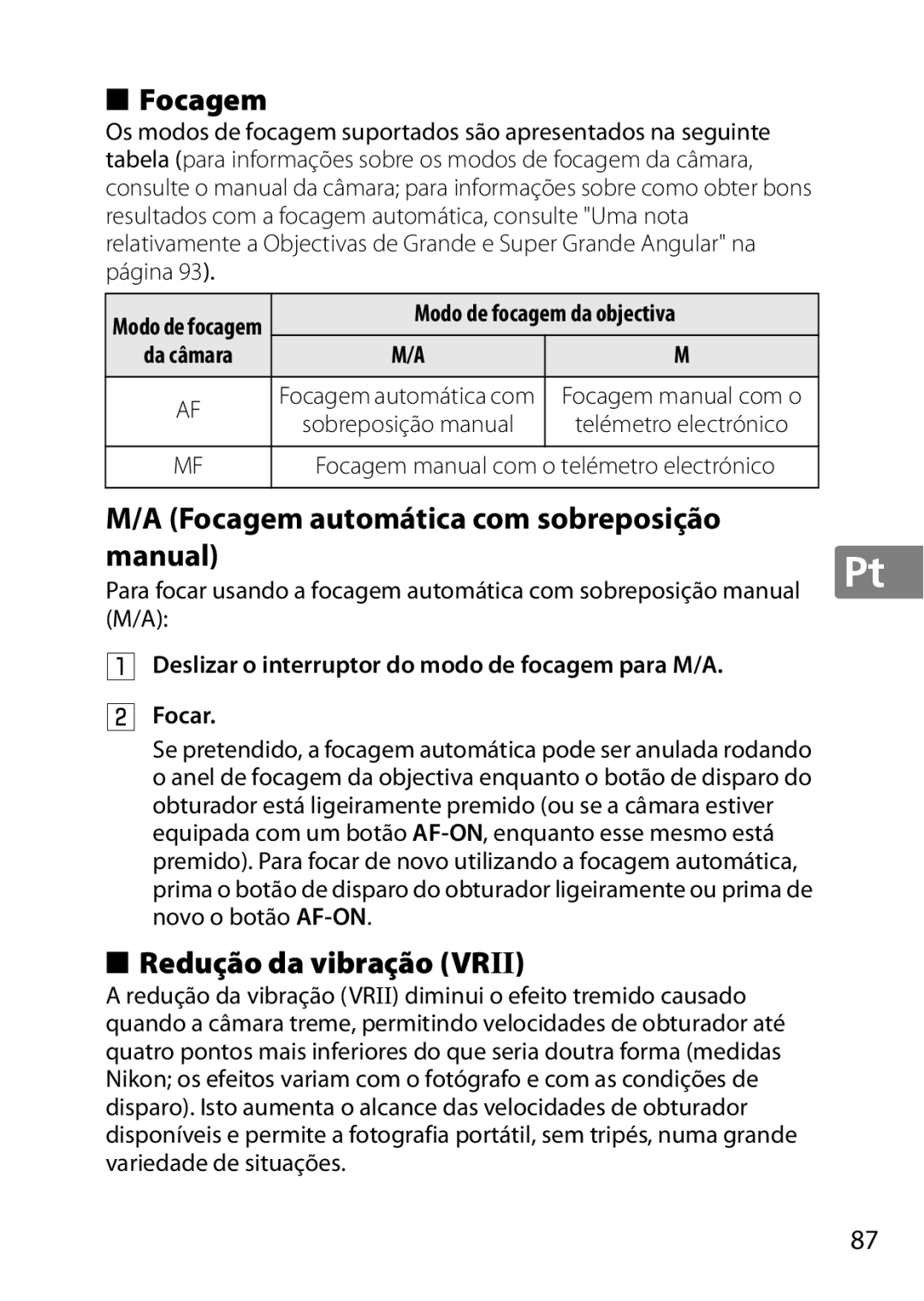 Nikon 2196 Focagem automática com sobreposição Manual, Redução da vibração Vrii, Modo de focagem da objectiva 