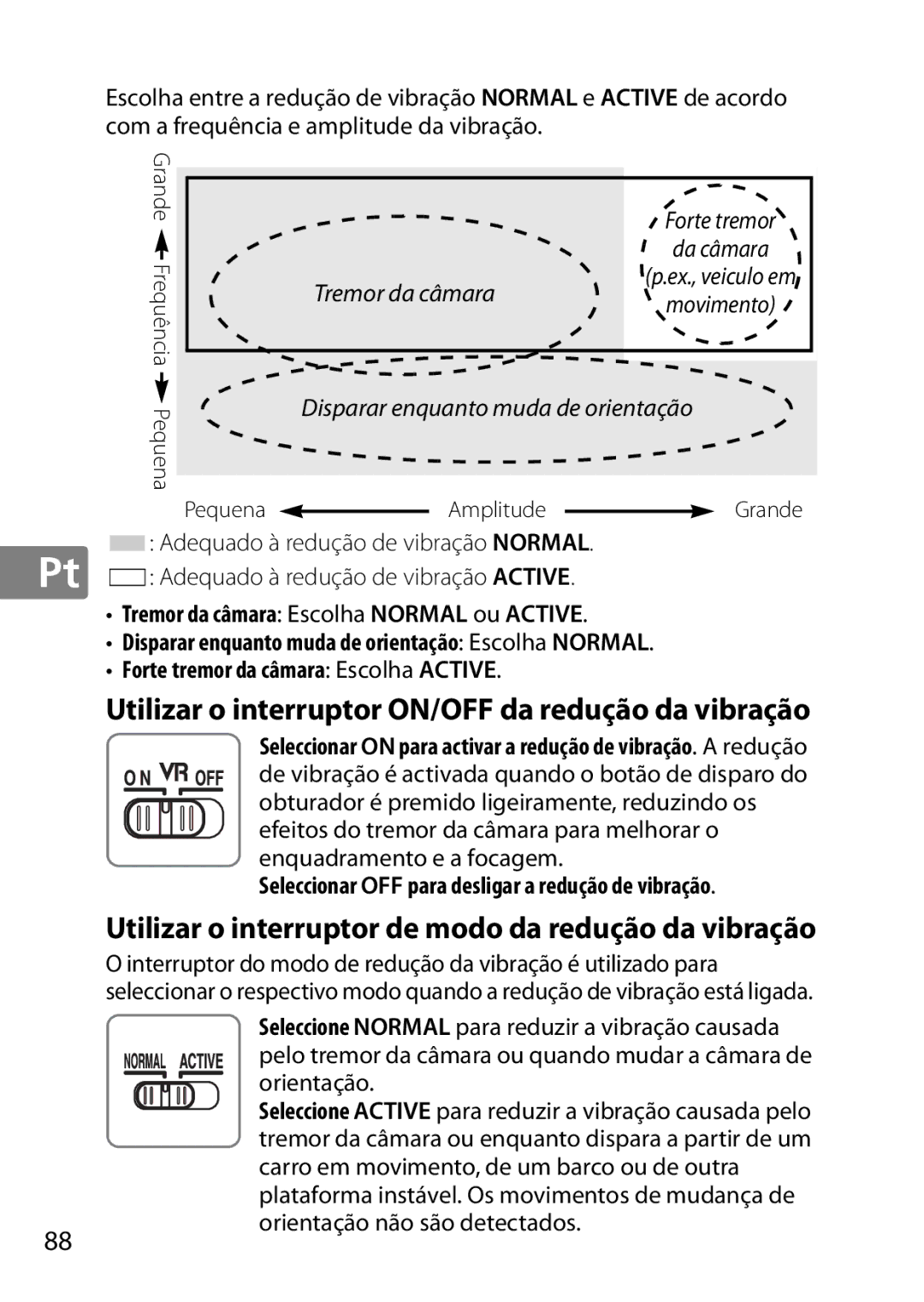 Nikon 2196 Utilizar o interruptor ON/OFF da redução da vibração, Utilizar o interruptor de modo da redução da vibração 