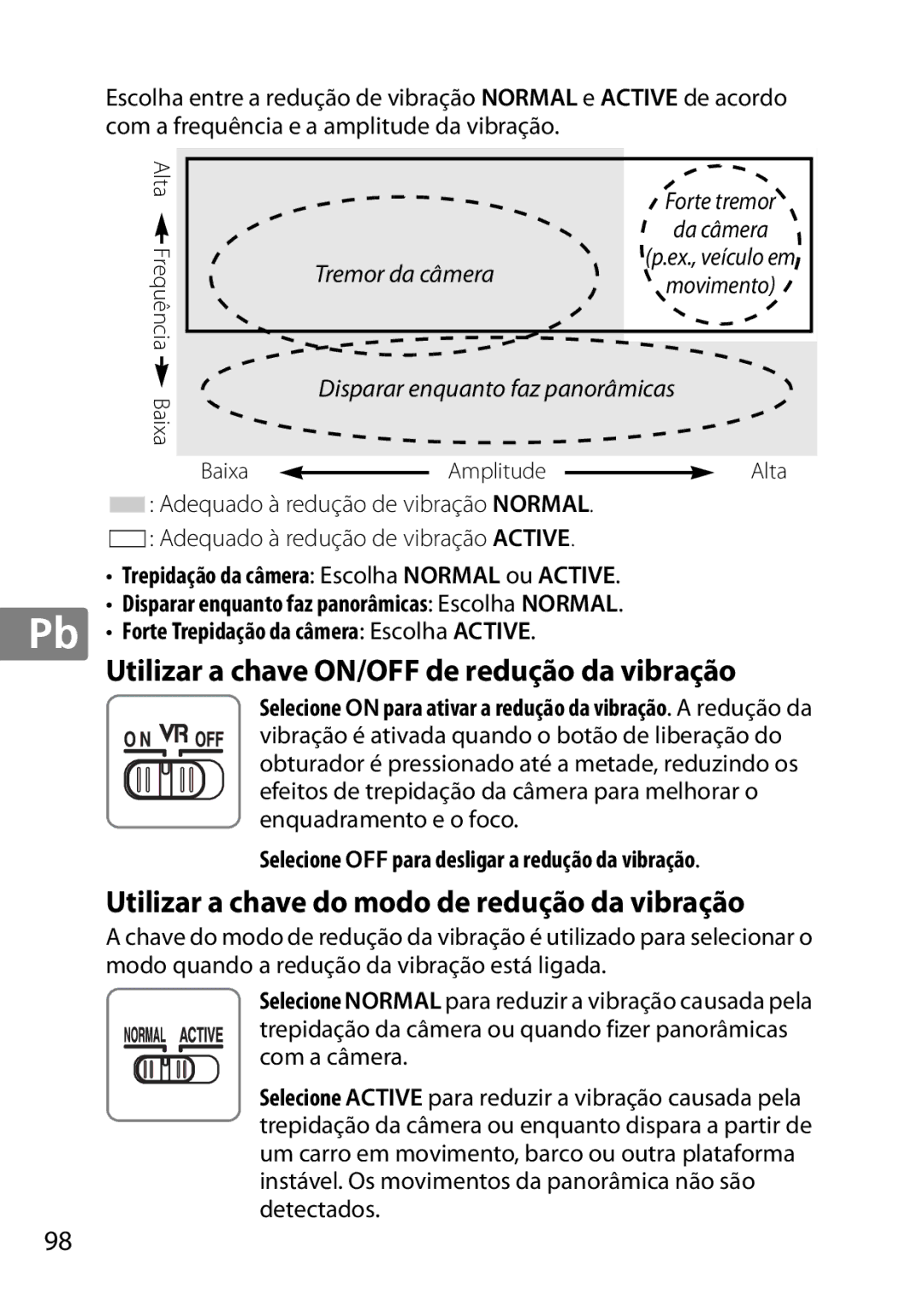 Nikon 2196 user manual Trepidação da câmera Escolha Normal ou Active, Disparar enquanto faz panorâmicas Escolha Normal 