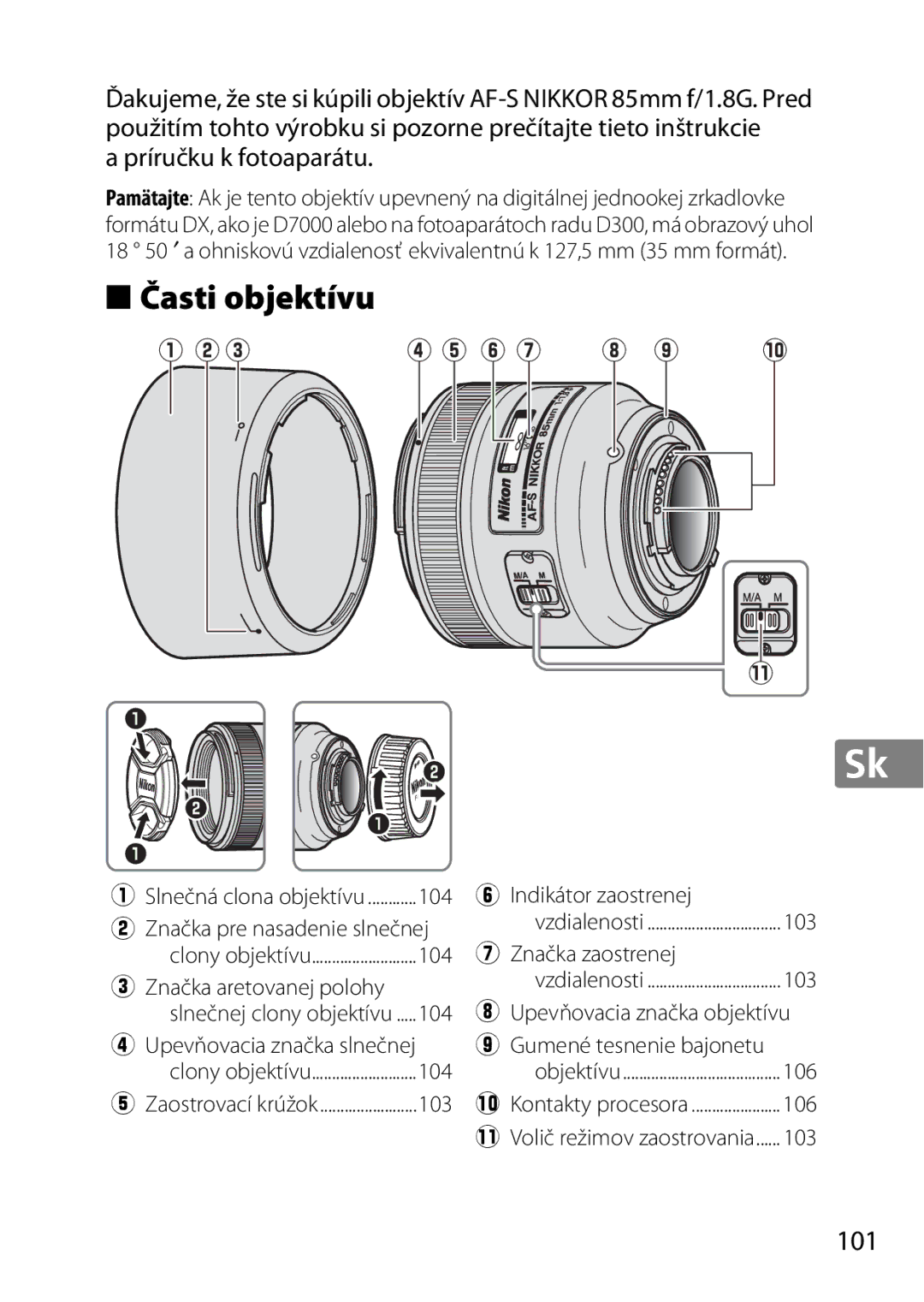 Nikon 2201 user manual Časti objektívu 