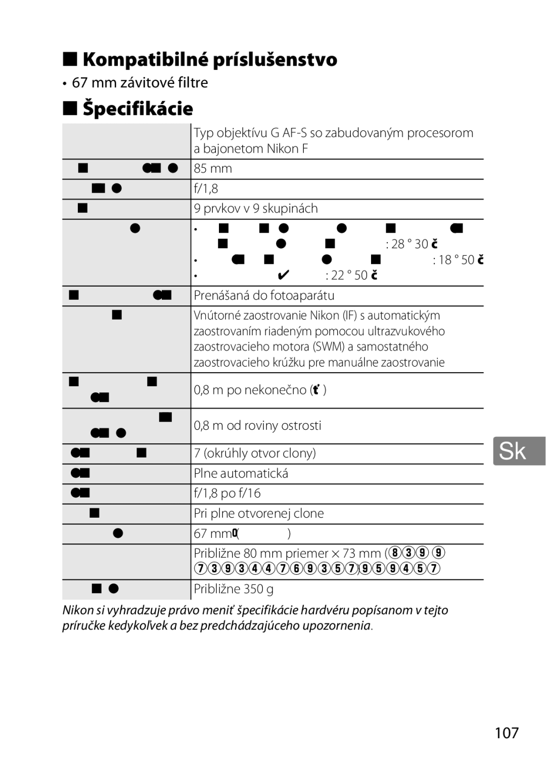 Nikon 2201 user manual Kompatibilné príslušenstvo, Špecifikácie, Mm závitové filtre 