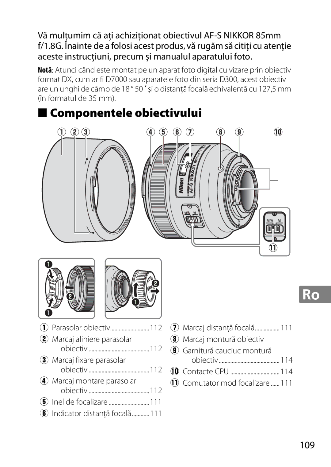 Nikon 2201 Componentele obiectivului, Marcaj aliniere parasolar Marcaj montură obiectiv, Marcaj fixare parasolar 