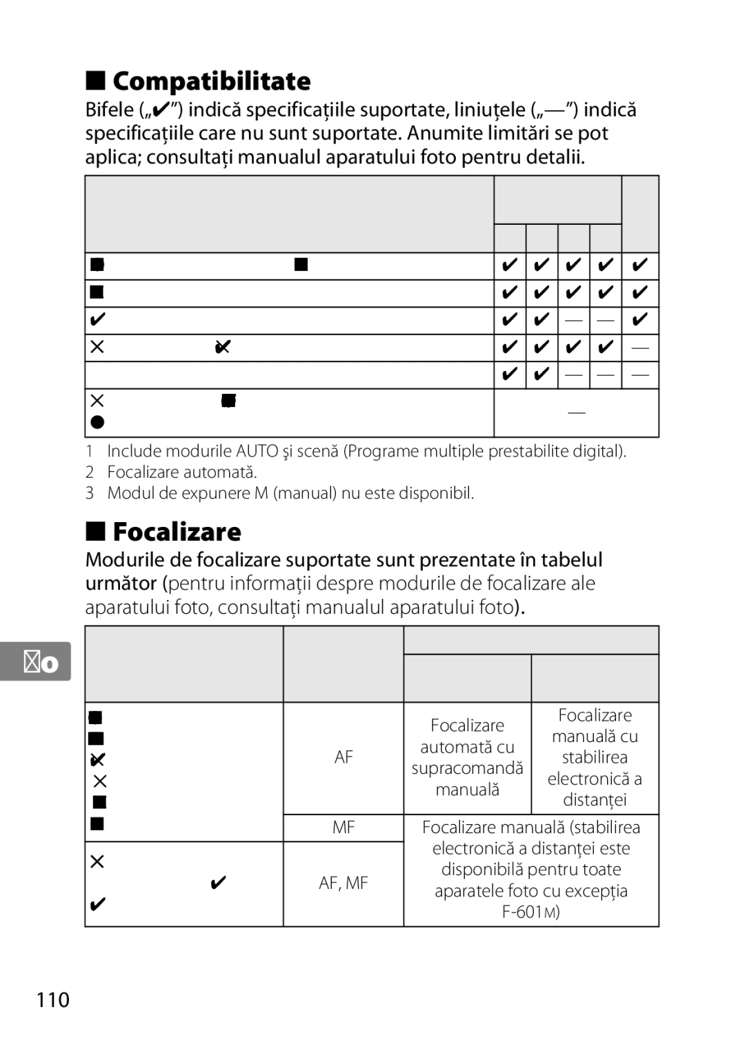 Nikon 2201 Compatibilitate, Focalizare, Aparat foto, Aparatului foto, consultaţi manualul aparatului foto, Modul de 