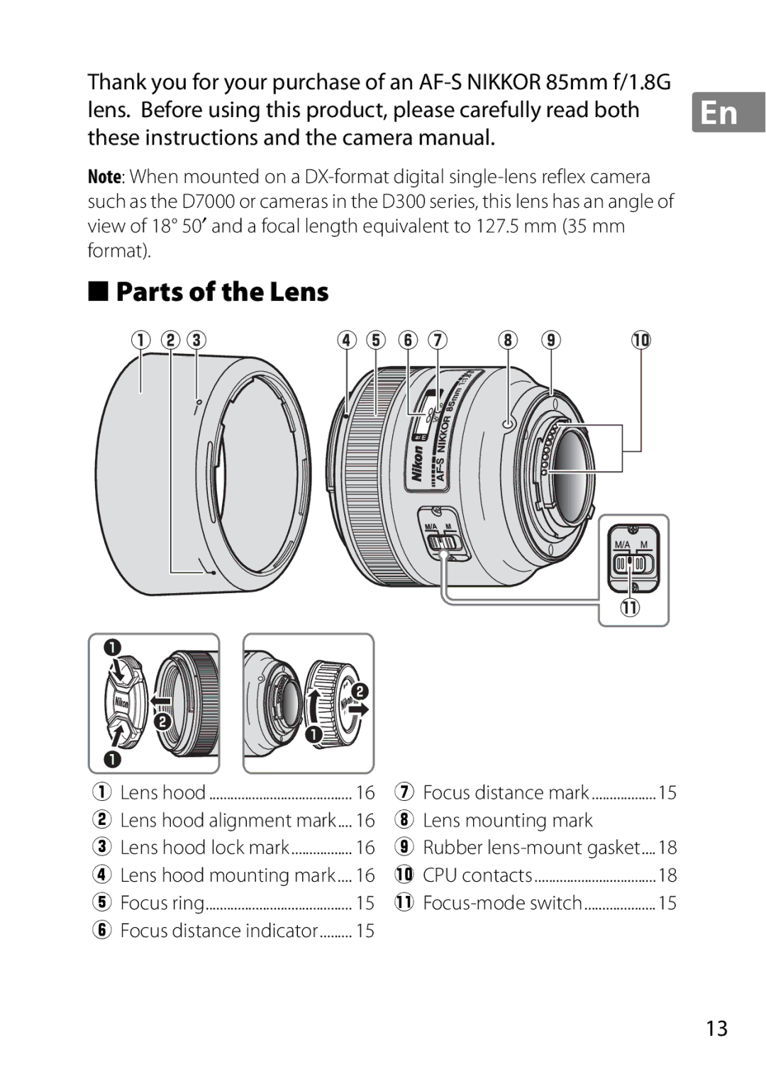 Nikon 2201 user manual Parts of the Lens, Lens mounting mark, Lens hood alignment mark 