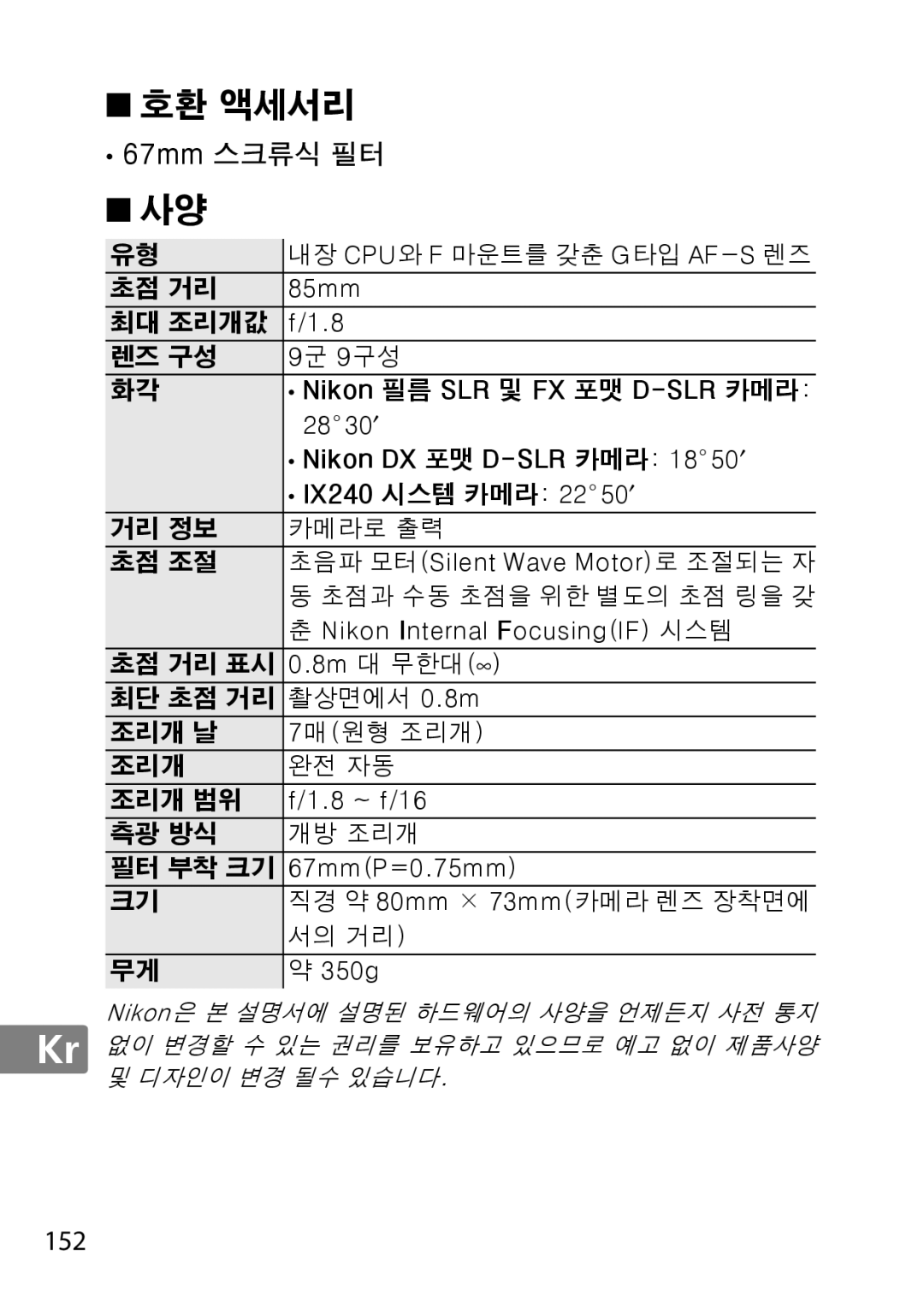 Nikon 2201 85mm, Nikon 필름 SLR 및 FX 포맷 D-SLR 카메라, 2830′, Nikon DX 포맷 D-SLR 카메라 1850′, IX240 시스템 카메라 2250′, 8m 대 무한대∞, 350g 