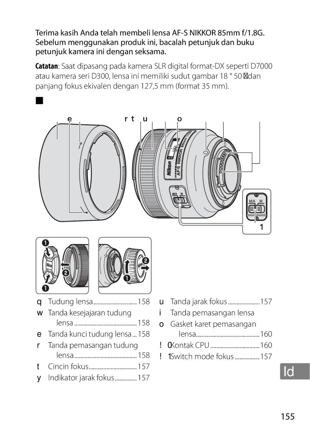 Nikon 2201 user manual Bagian-bagian Lensa, Tanda kesejajaran tudung, Tanda pemasangan tudung 