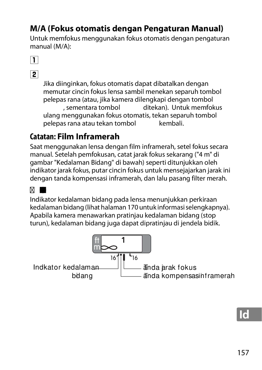 Nikon 2201 user manual Fokus otomatis dengan Pengaturan Manual, Catatan Film Inframerah, Kedalaman Bidang 