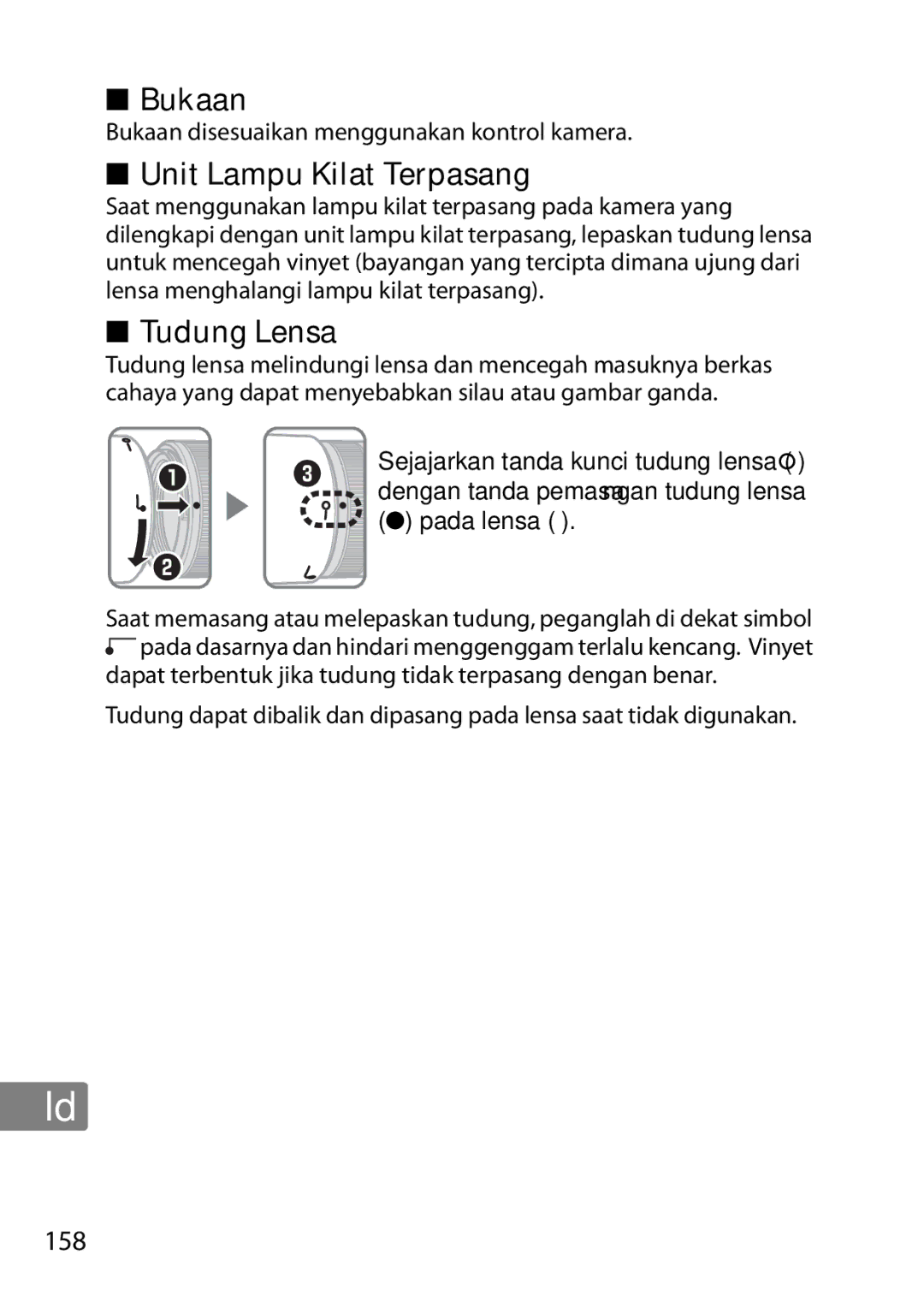 Nikon 2201 user manual Unit Lampu Kilat Terpasang, Tudung Lensa, Bukaan disesuaikan menggunakan kontrol kamera 