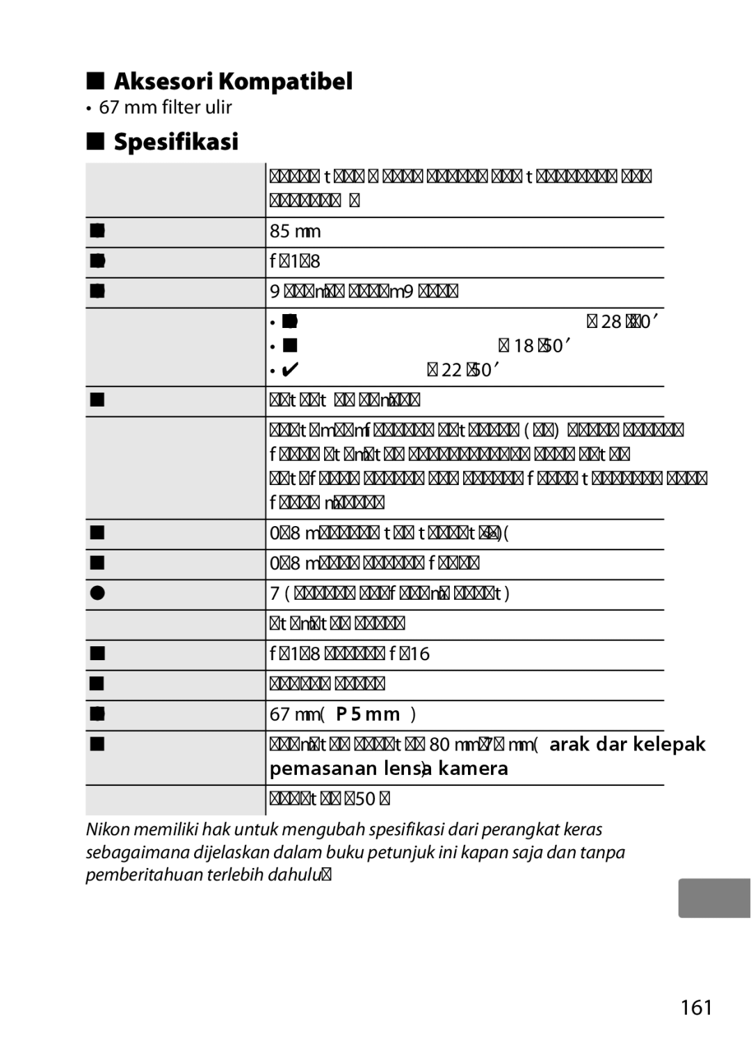 Nikon 2201 user manual Aksesori Kompatibel, Spesifikasi 