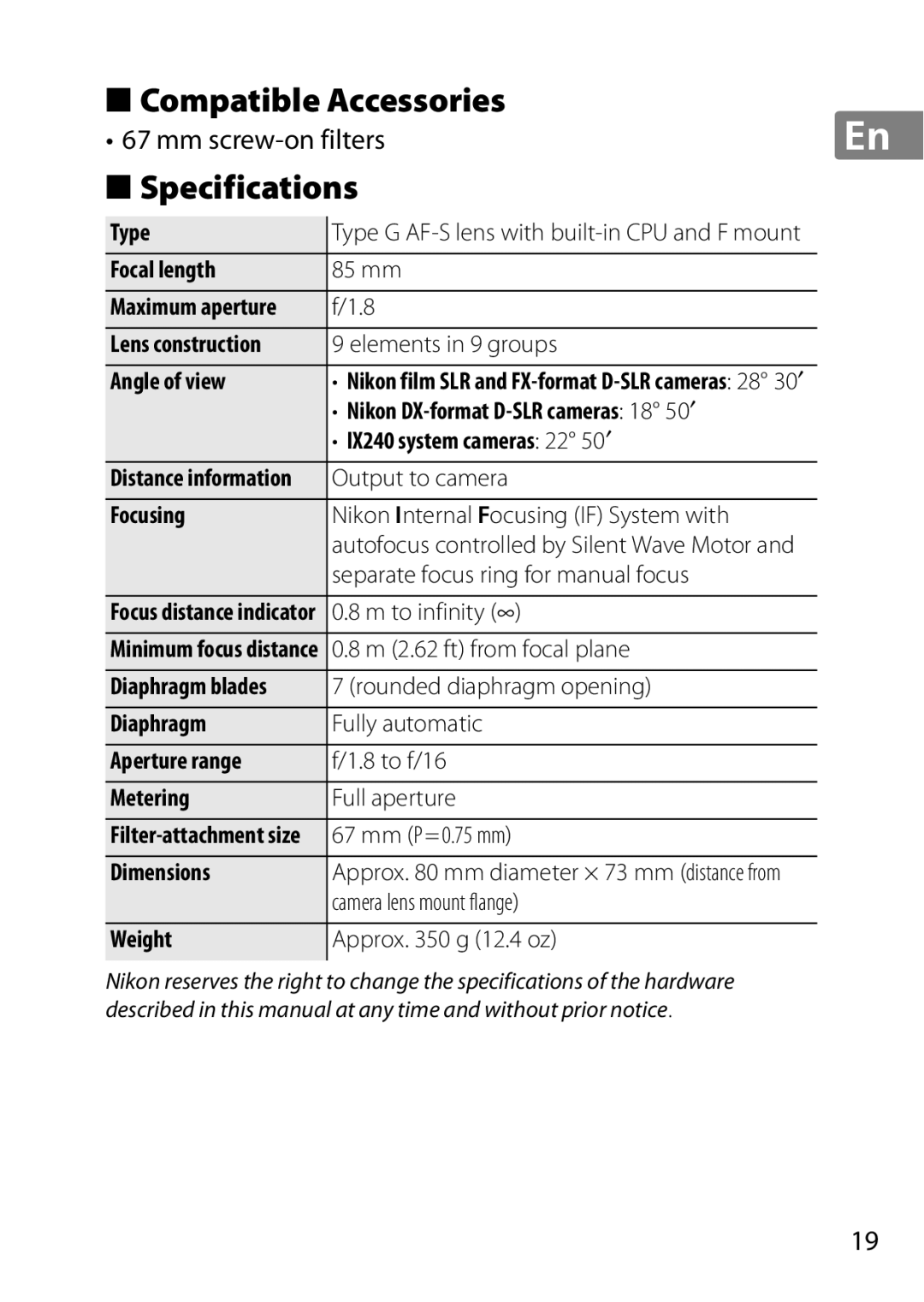 Nikon 2201 user manual Compatible Accessories, Specifications 