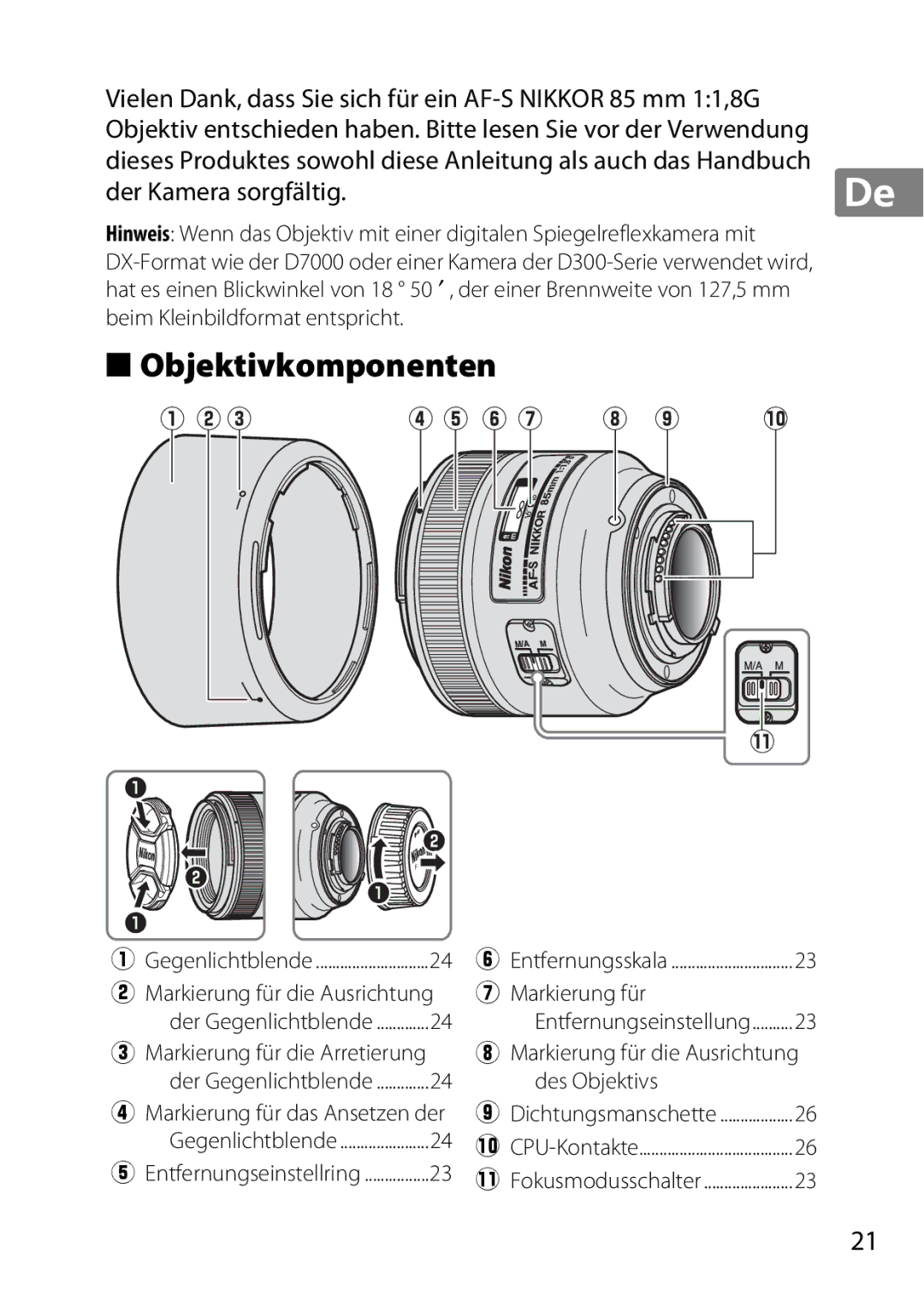 Nikon 2201 user manual Objektivkomponenten, Markierung für die Ausrichtung, Des Objektivs, Markierung für die Arretierung 